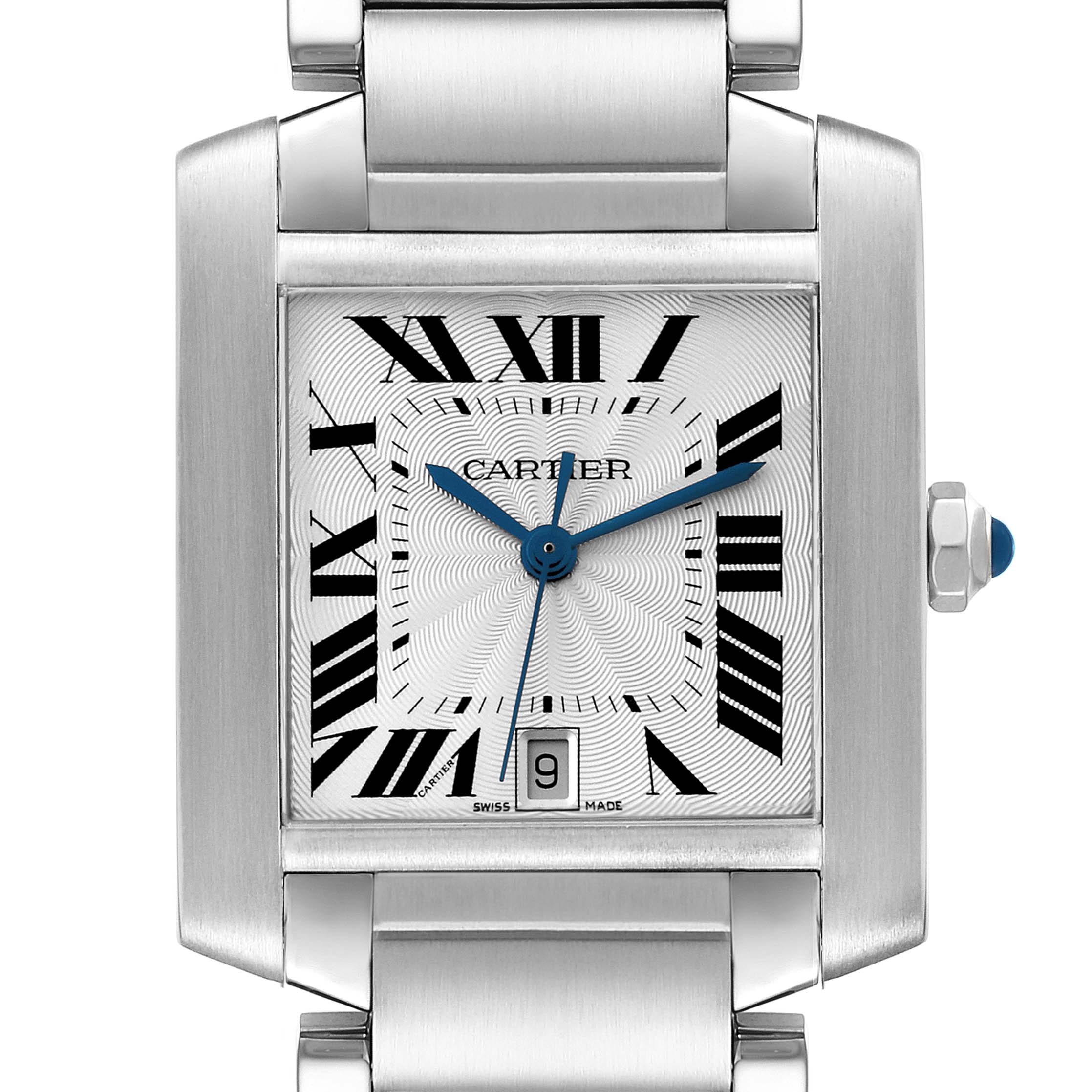 This image shows a front close-up view of a Cartier Tank Francaise W51002Q3 Men
s Stainless Steel Silver Dial W51002Q3 Men
s Stainless Steel Silver Dial watch, highlighting its dial, hands, and part of the bracelet.