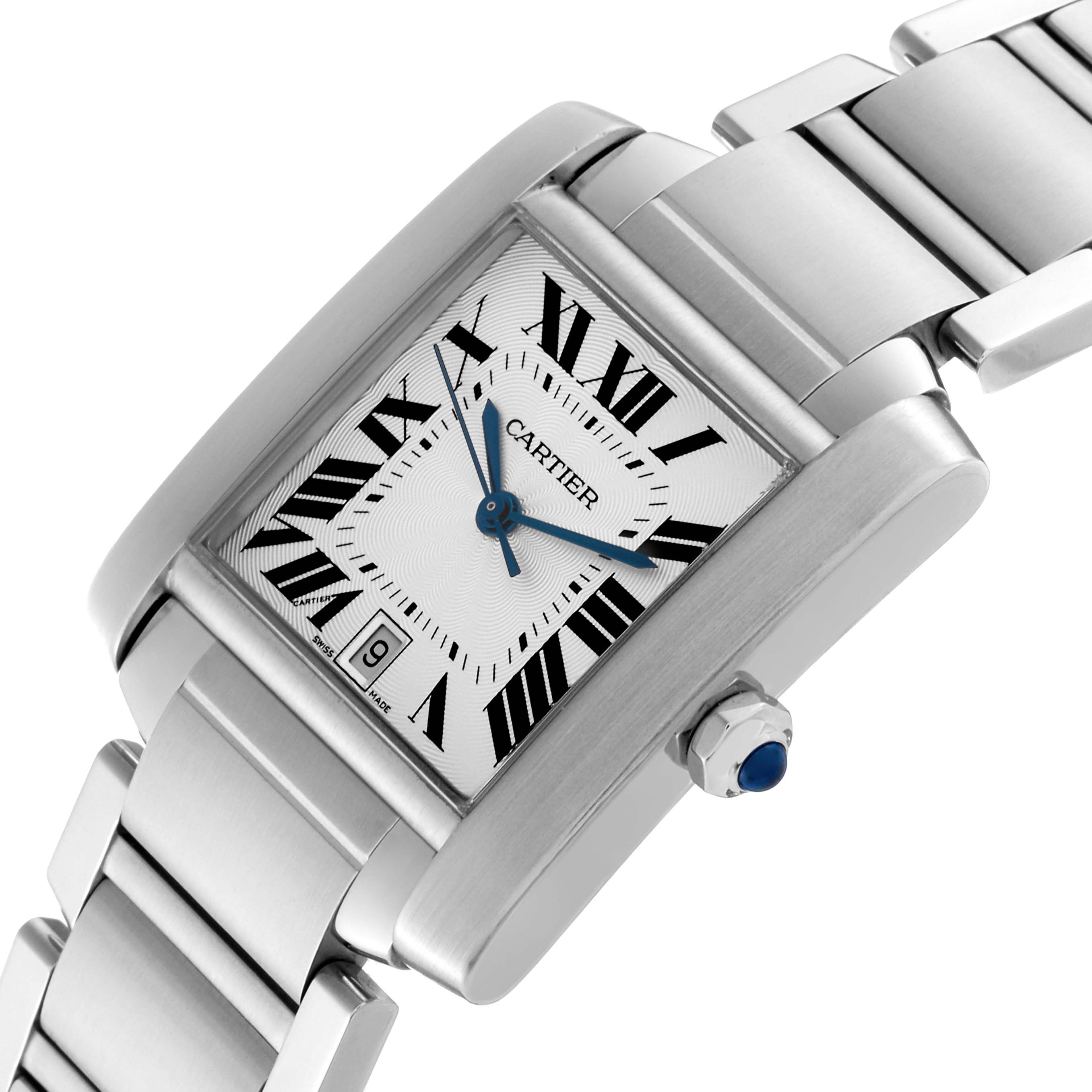 This image shows a Cartier Tank Française watch angled slightly from above, highlighting its rectangular face and metal bracelet.