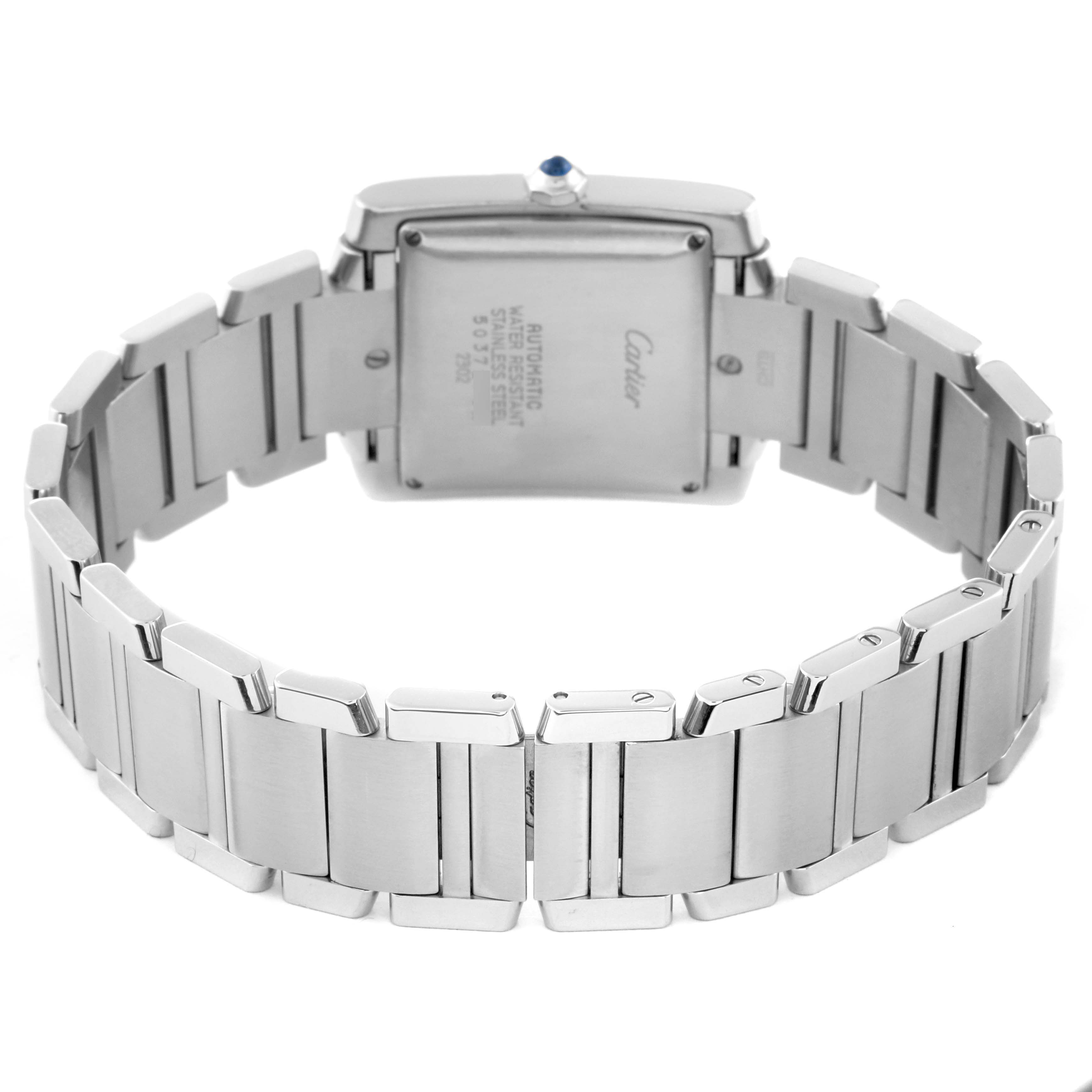 This image shows the back view of the Tank Francaise watch by Cartier, highlighting its bracelet and case back details.