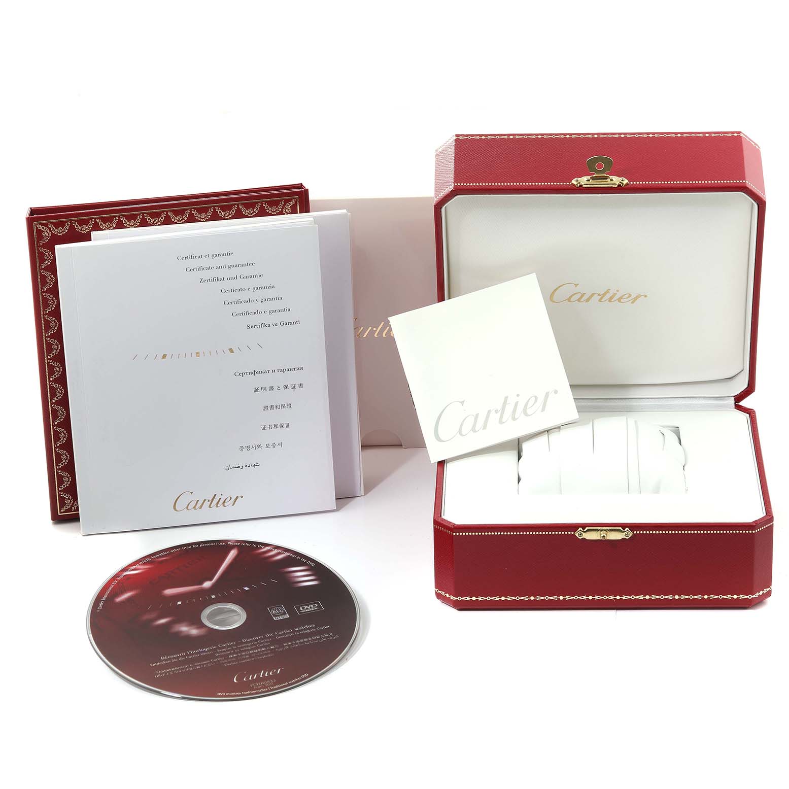 This image shows the packaging and accessories for the Cartier Tank Francaise W51002Q3 Men
s Stainless Steel Silver Dial W51002Q3 Men
s Stainless Steel Silver Dial watch, including a box, documents, and a CD.