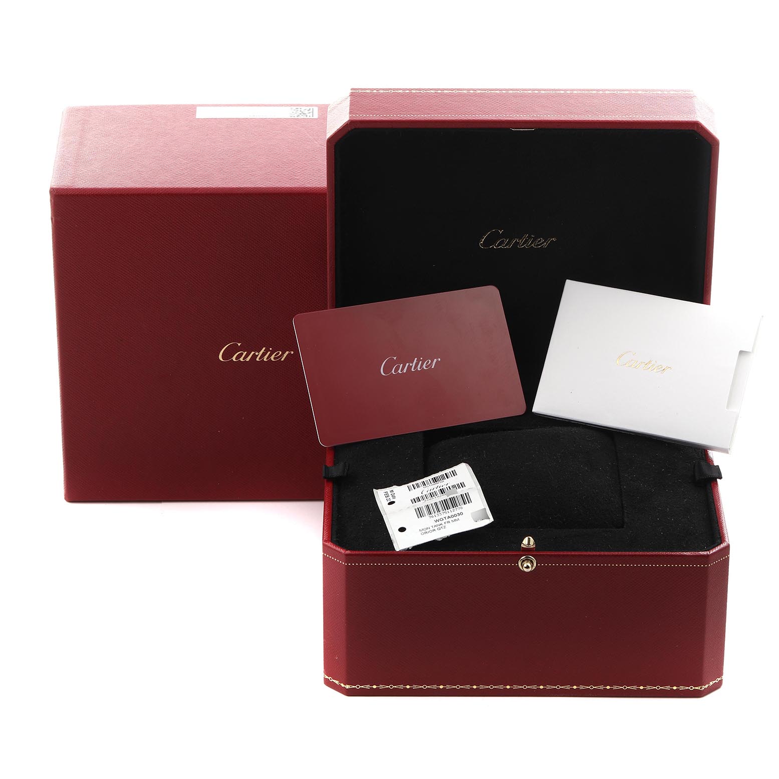 The image shows the packaging and accessories for a Cartier Tank Francaise WGTA0030 Women
s Rose Gold Silver Dial WGTA0030 Women
s Rose Gold Silver Dial watch, including a box, cards, and a cushion.