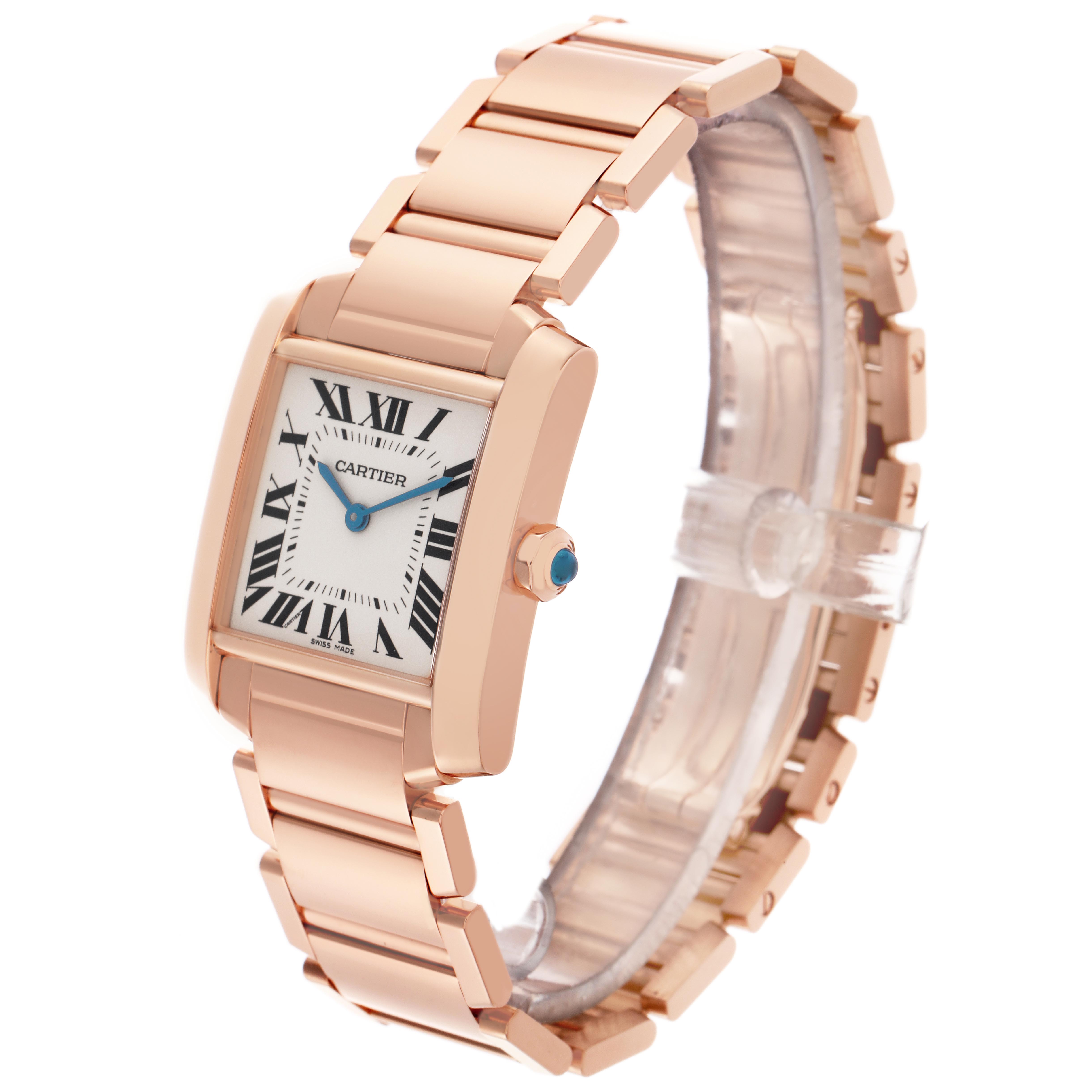 The Cartier Tank Française watch is shown from an angled frontal side view, highlighting its bracelet and rectangular dial.