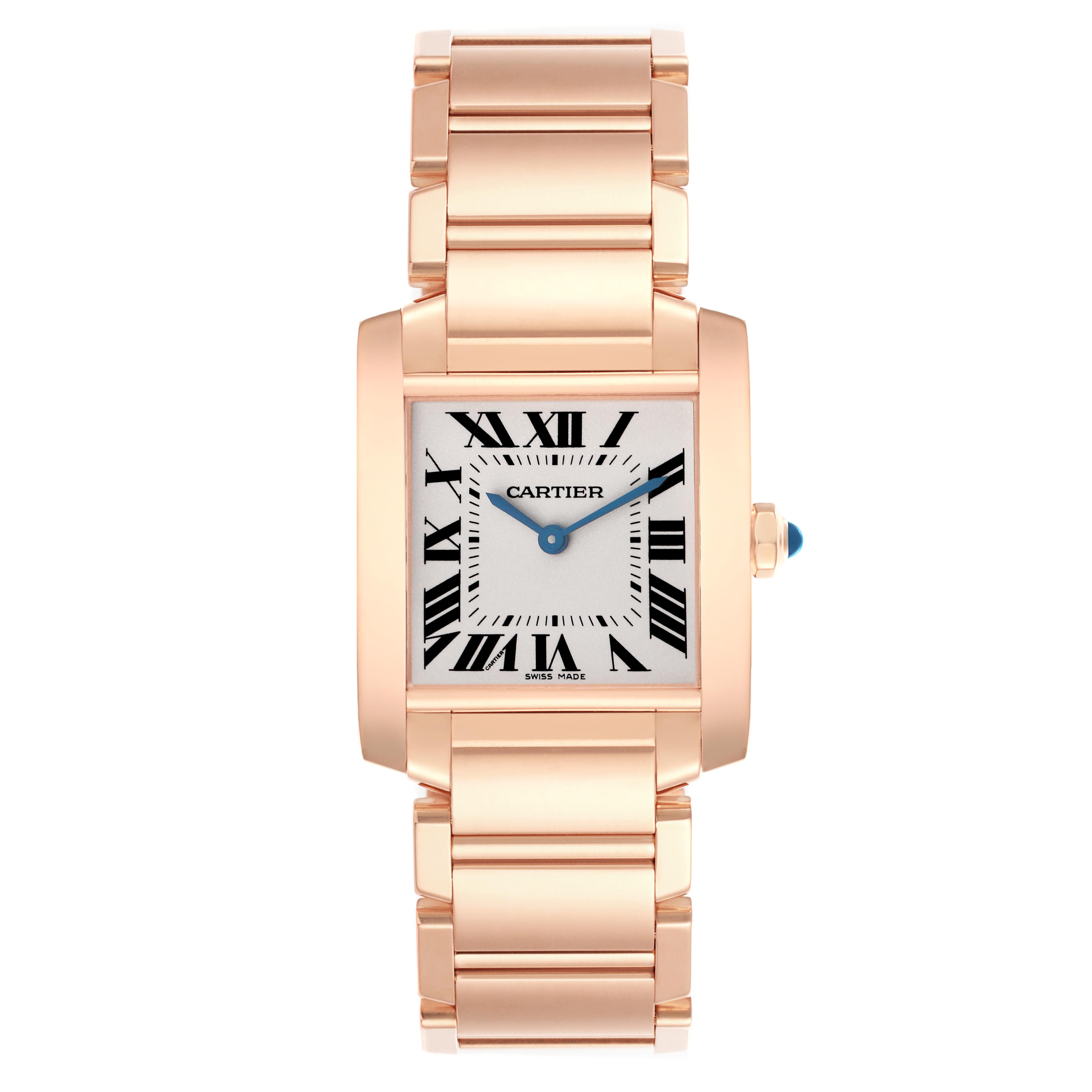 The image shows a front view of a Cartier Tank Française watch, highlighting its case, bracelet, and dial.