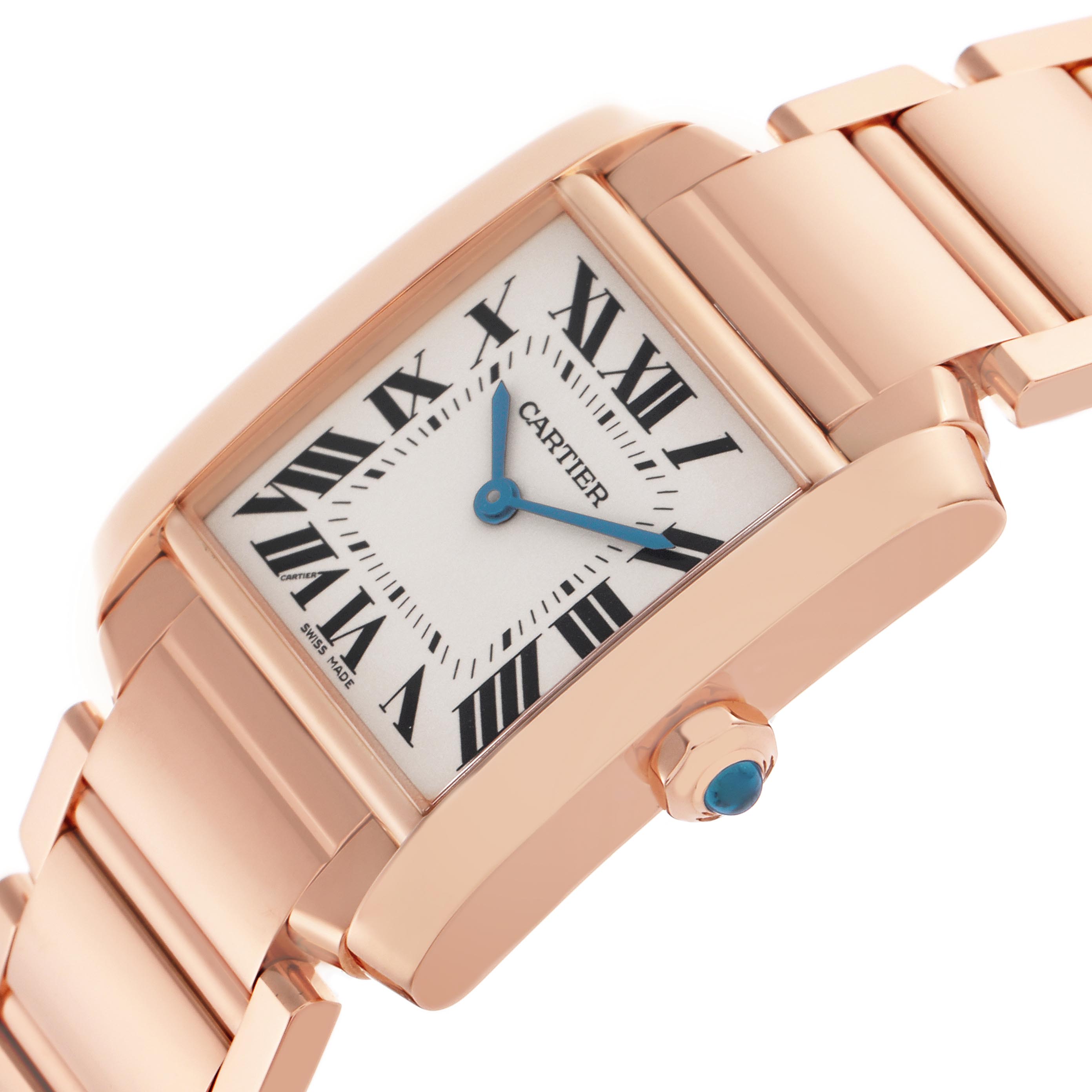 The image shows a side angle of the Cartier Tank Francaise WGTA0030 Women
s Rose Gold Silver Dial WGTA0030 Women
s Rose Gold Silver Dial, highlighting the watch face, case, and bracelet.