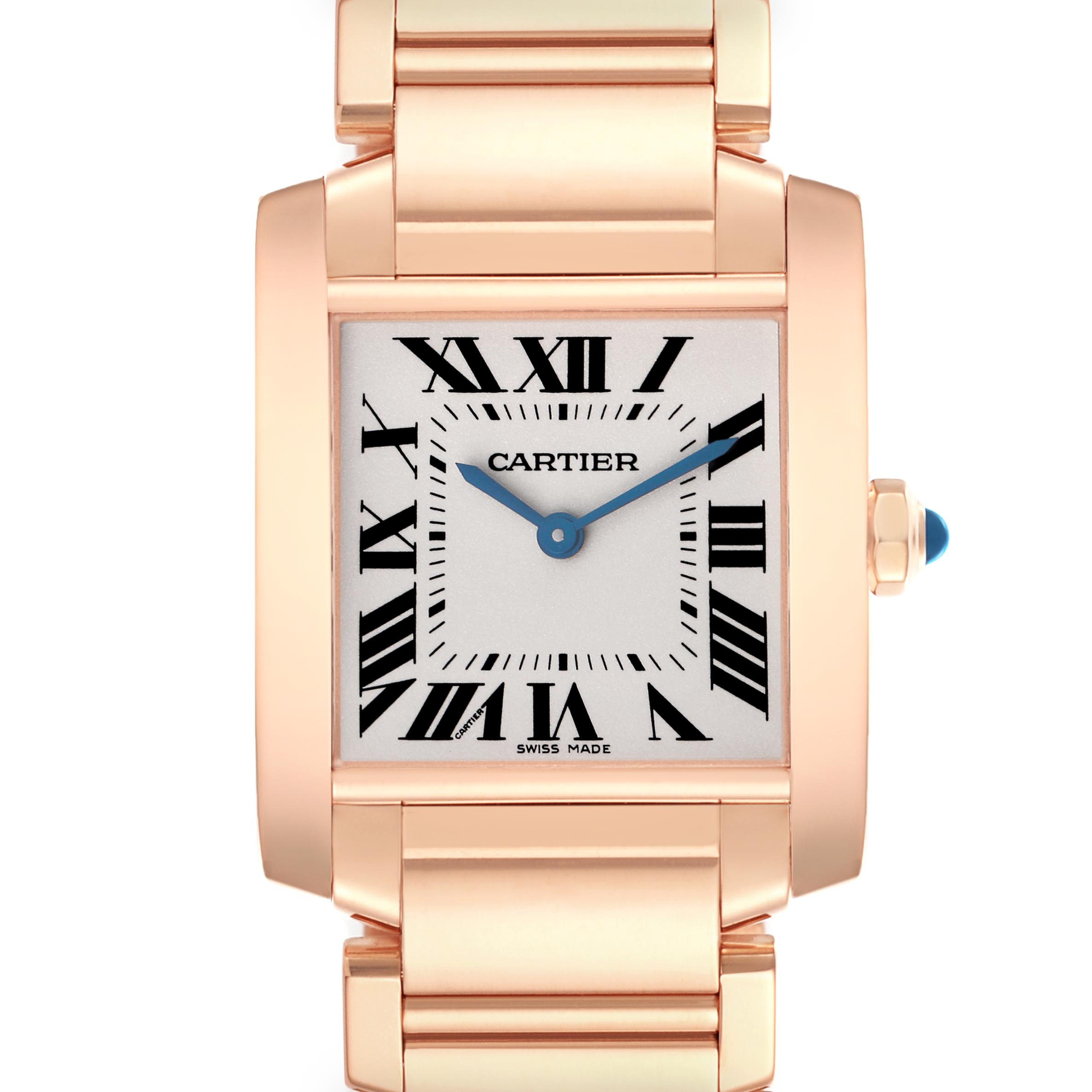 The Cartier Tank Française watch is shown from the front, displaying its square dial, Roman numerals, blue hands, and metal bracelet.