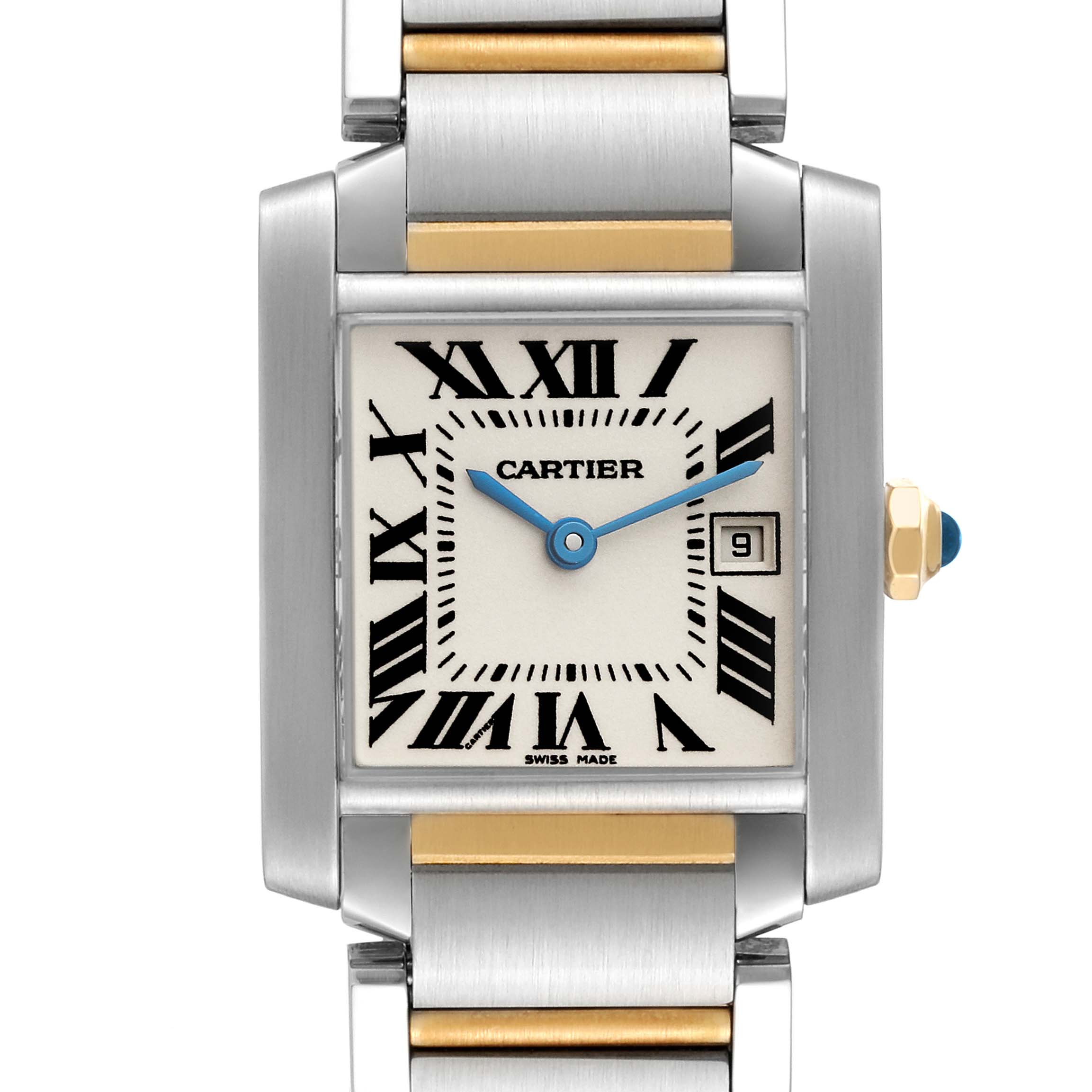 This image shows a Tank Francaise model by Cartier from a front view, highlighting its rectangular face, Roman numerals, and metal bracelet.