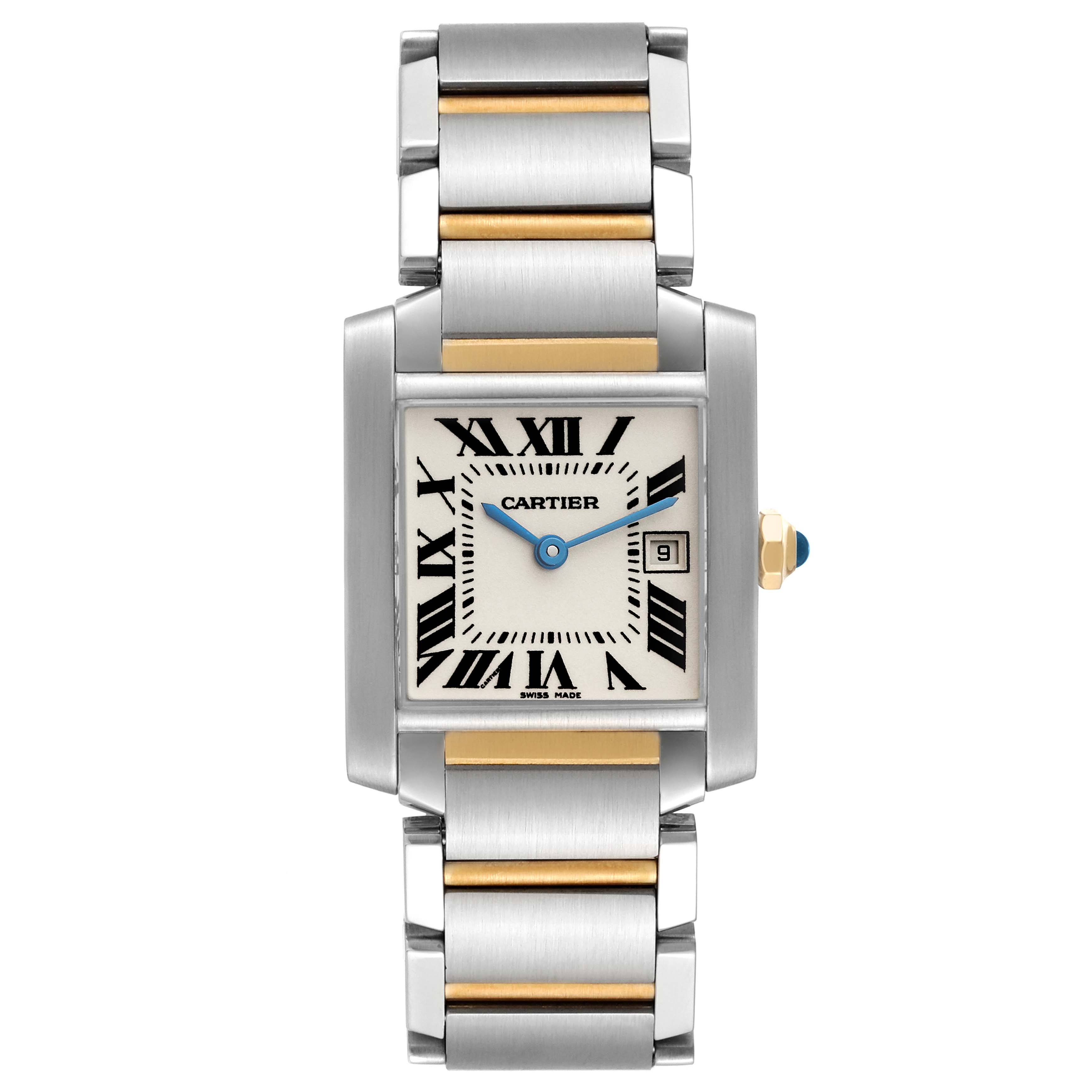 The image shows a full frontal view of the Cartier Tank Francaise W51012Q4 Women's Steel and Gold (two tone) Silver Dial W51012Q4 Women's Steel and Gold (two tone) Silver Dial watch, highlighting its dial, bracelet, and crown.