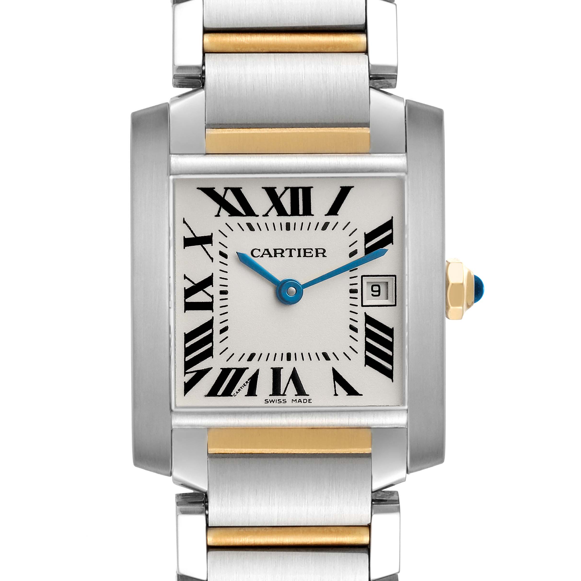 The Cartier Tank Francaise W51012Q4 Women's Stainless Steel Silver Dial watch is shown from the front, highlighting its dial, Roman numerals, hands, and calendar window.