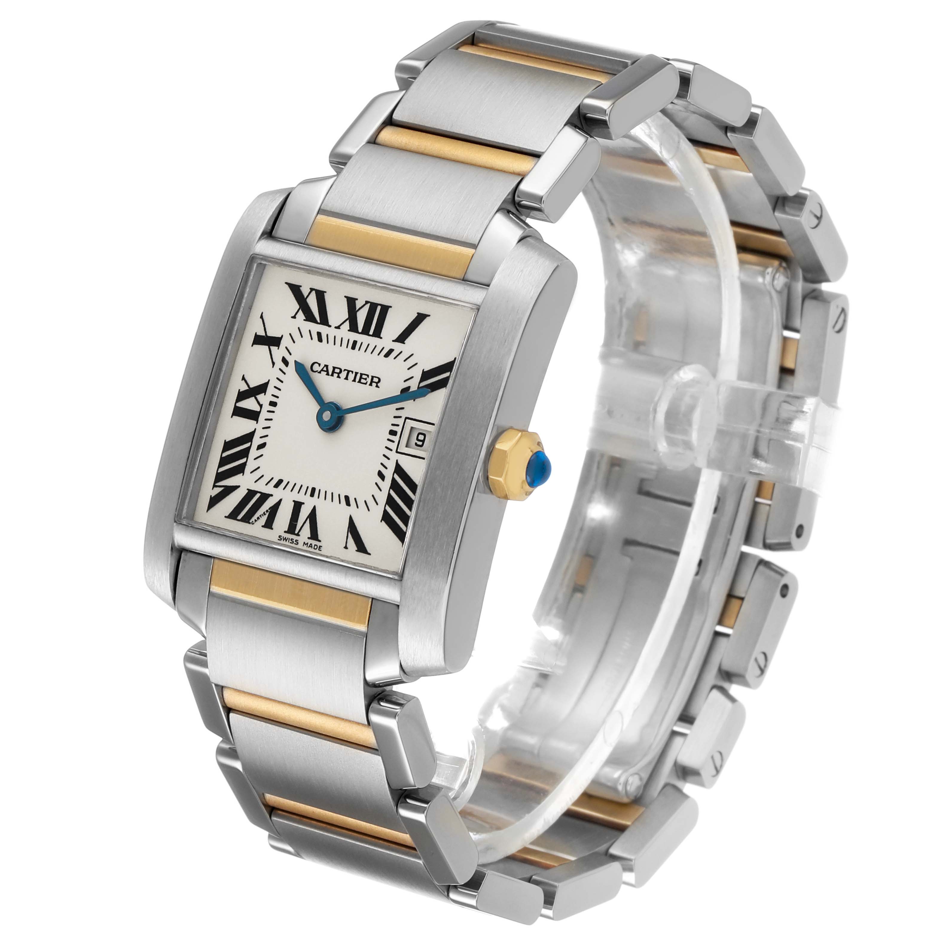 The Cartier Tank Française watch is shown at a three-quarter angle, highlighting the face, crown, and bracelet.