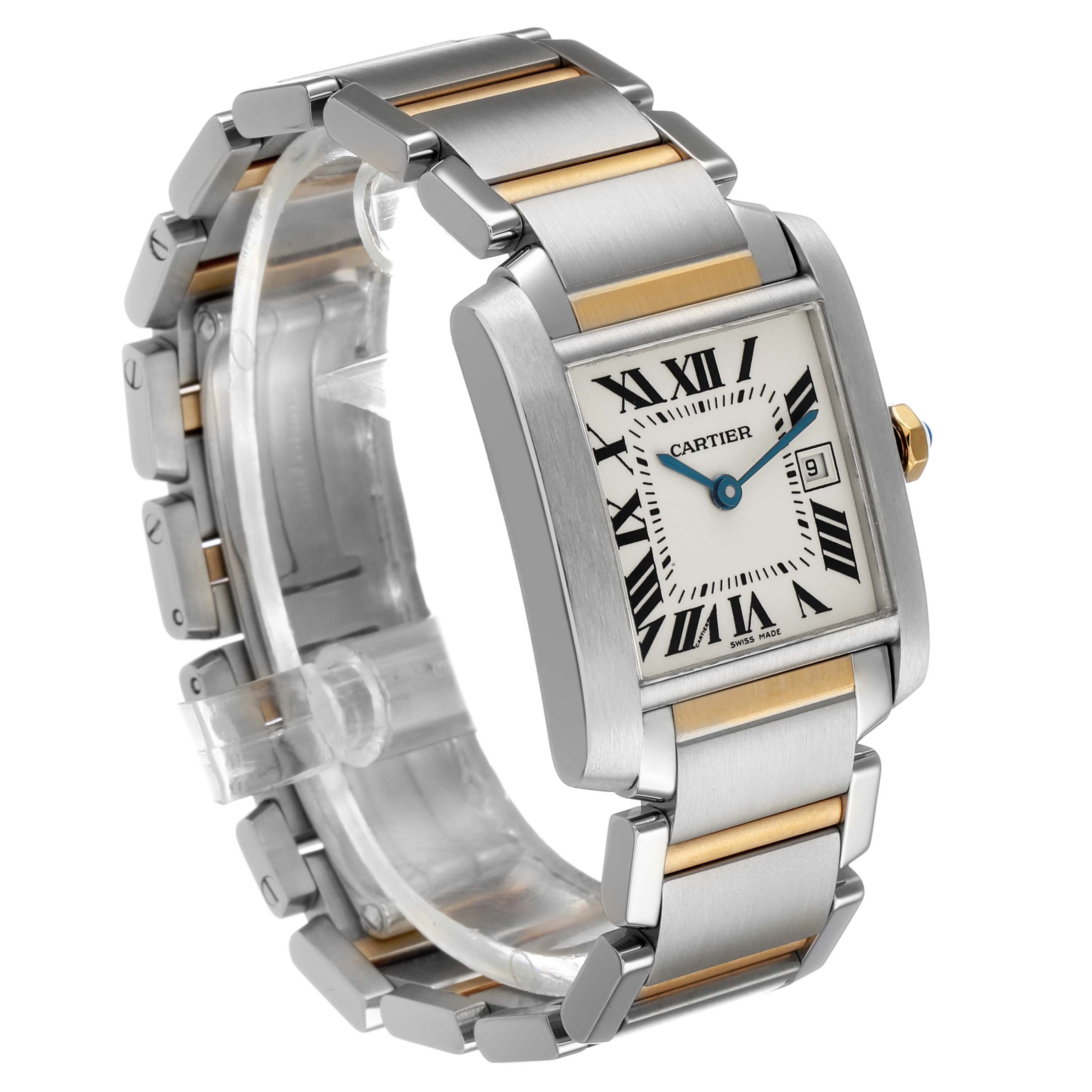 The image shows a Cartier Tank Francaise W51012Q4 Women's Stainless Steel Silver Dial watch at a side angle, highlighting its two-tone metal bracelet and rectangular case.