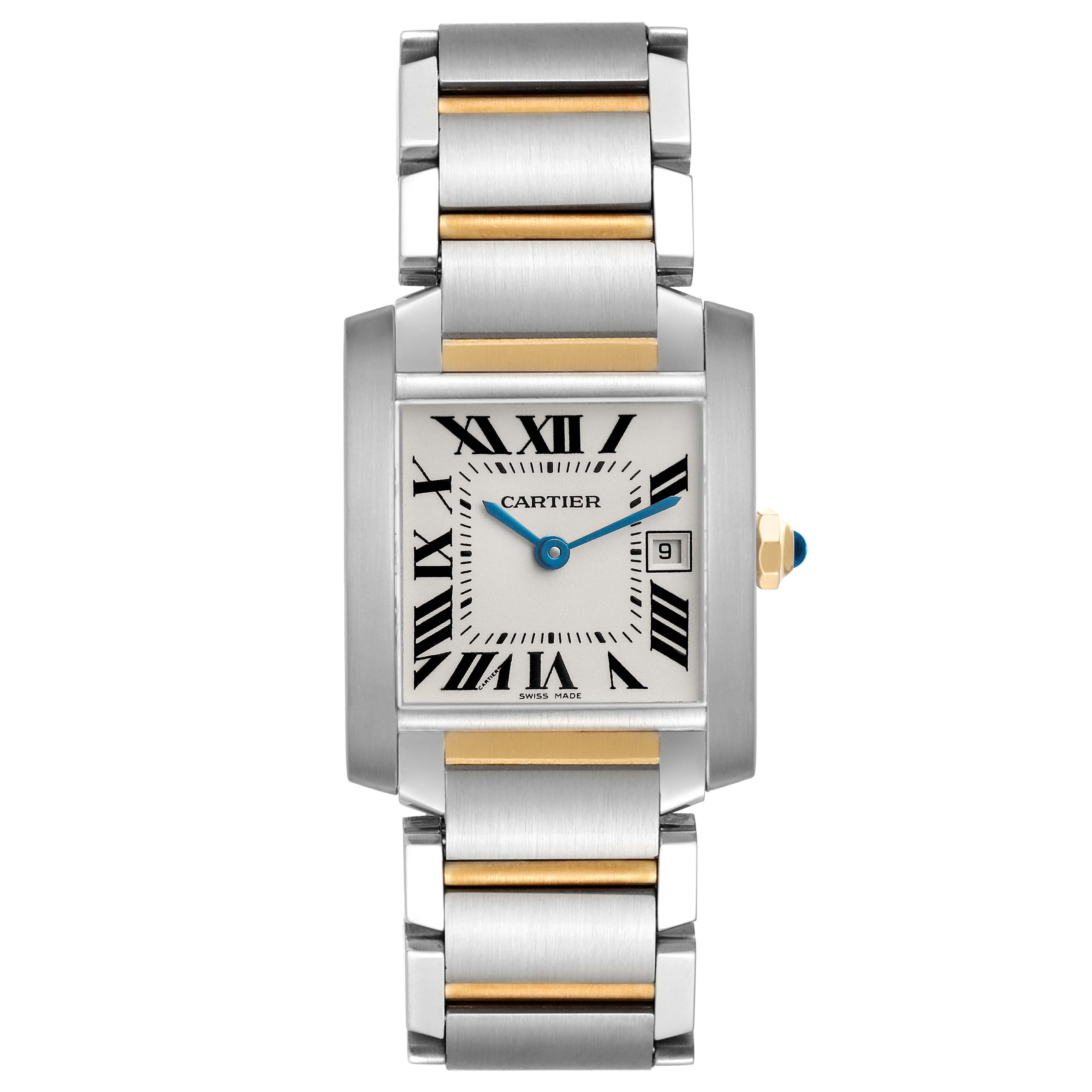 The Cartier Tank Française watch is shown from a front view, displaying its rectangular dial, Roman numerals, two-tone bracelet, and date window.
