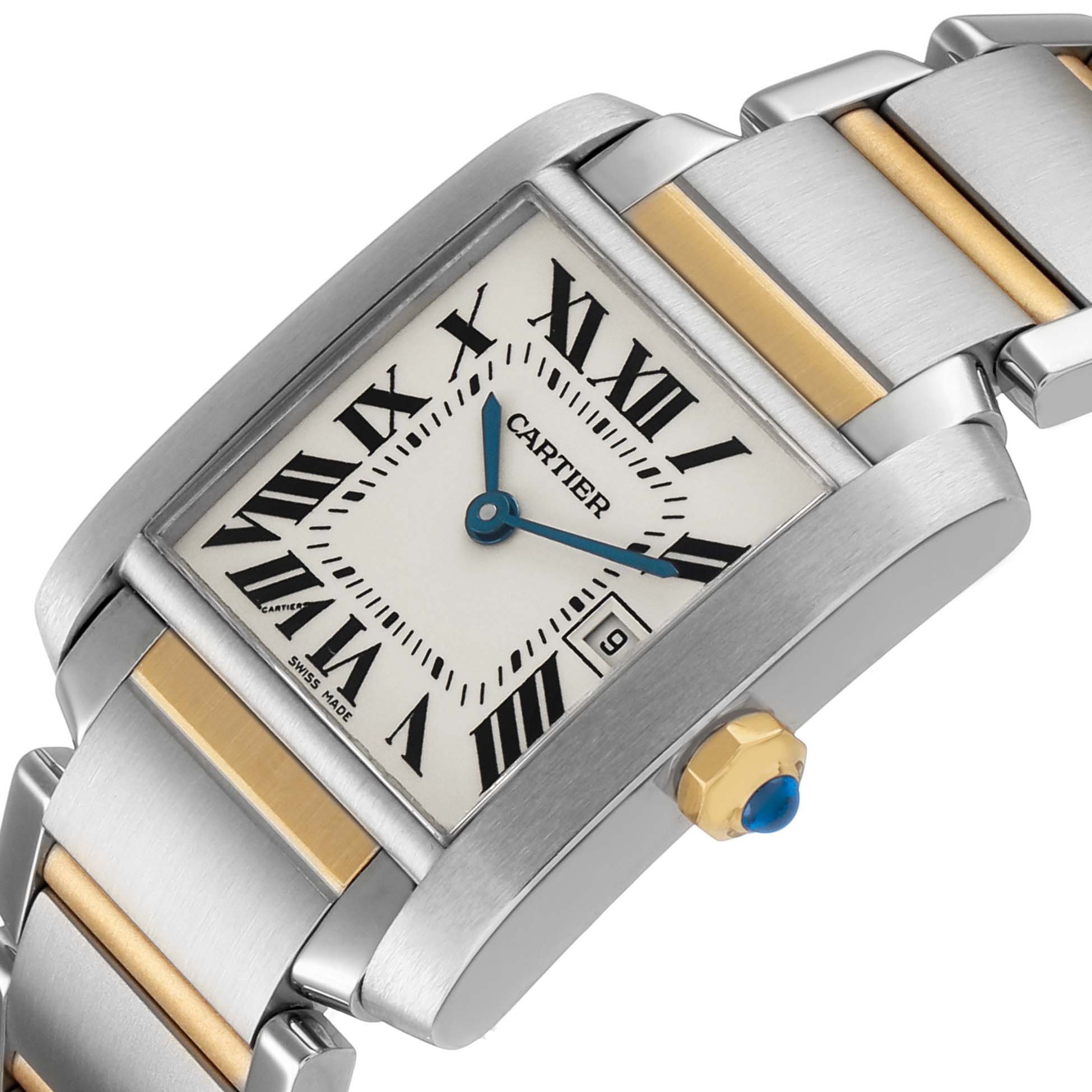 The Cartier Tank Française watch is shown at an angled view, highlighting its face, Roman numerals, crown, and two-tone bracelet.