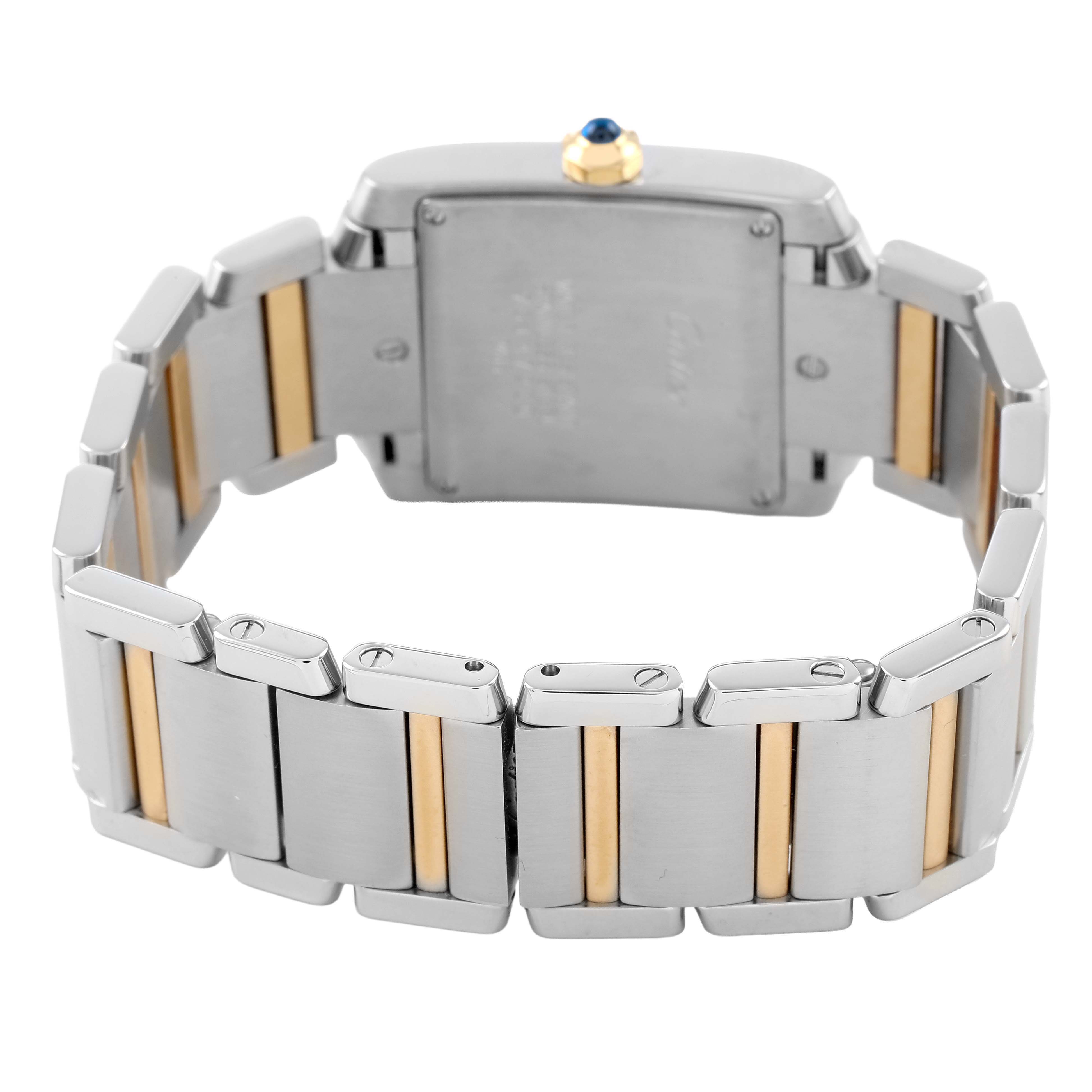 The Cartier Tank Française watch is shown from the back, highlighting its bracelet and clasp.