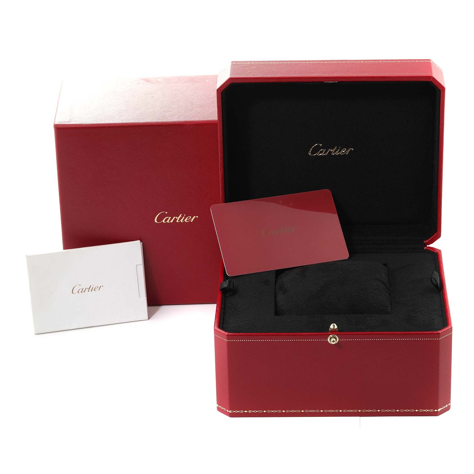 The image shows the packaging accessories for the Cartier Tank Francaise WJTA0022 Women
s Rose Gold Silver Dial WJTA0022 Women
s Rose Gold Silver Dial watch, including a red box, black interior, and accompanying paperwork.