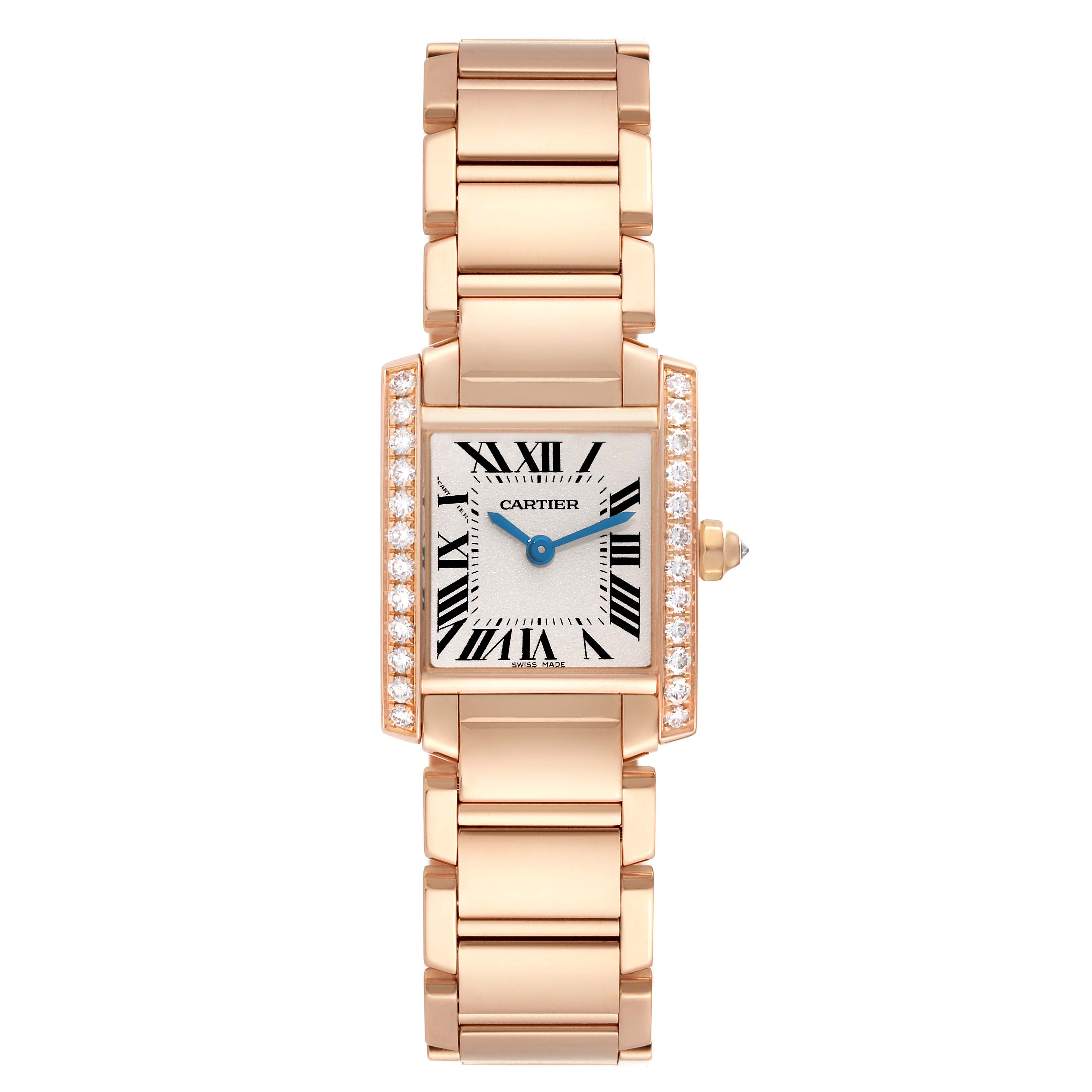 This image shows a Cartier Tank Francaise WJTA0022 Women
s Rose Gold Silver Dial WJTA0022 Women
s Rose Gold Silver Dial watch from a front angle, highlighting the face, bracelet, and diamond-encrusted sides.