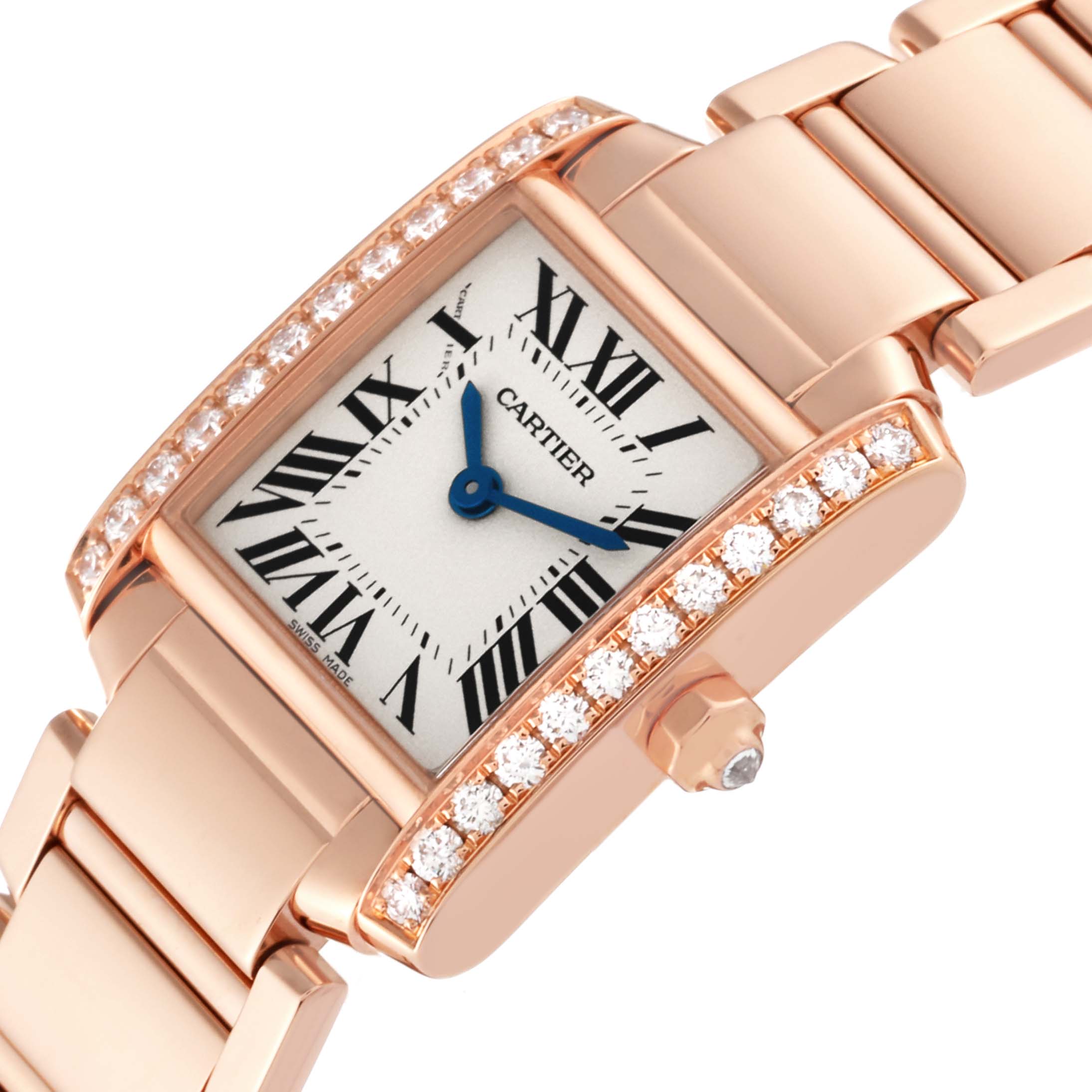 The Cartier Tank Francaise WJTA0022 Women
s Rose Gold Silver Dial WJTA0022 Women
s Rose Gold Silver Dial watch is shown at an angled close-up, highlighting the dial, blue hands, roman numerals, and diamond bezel.