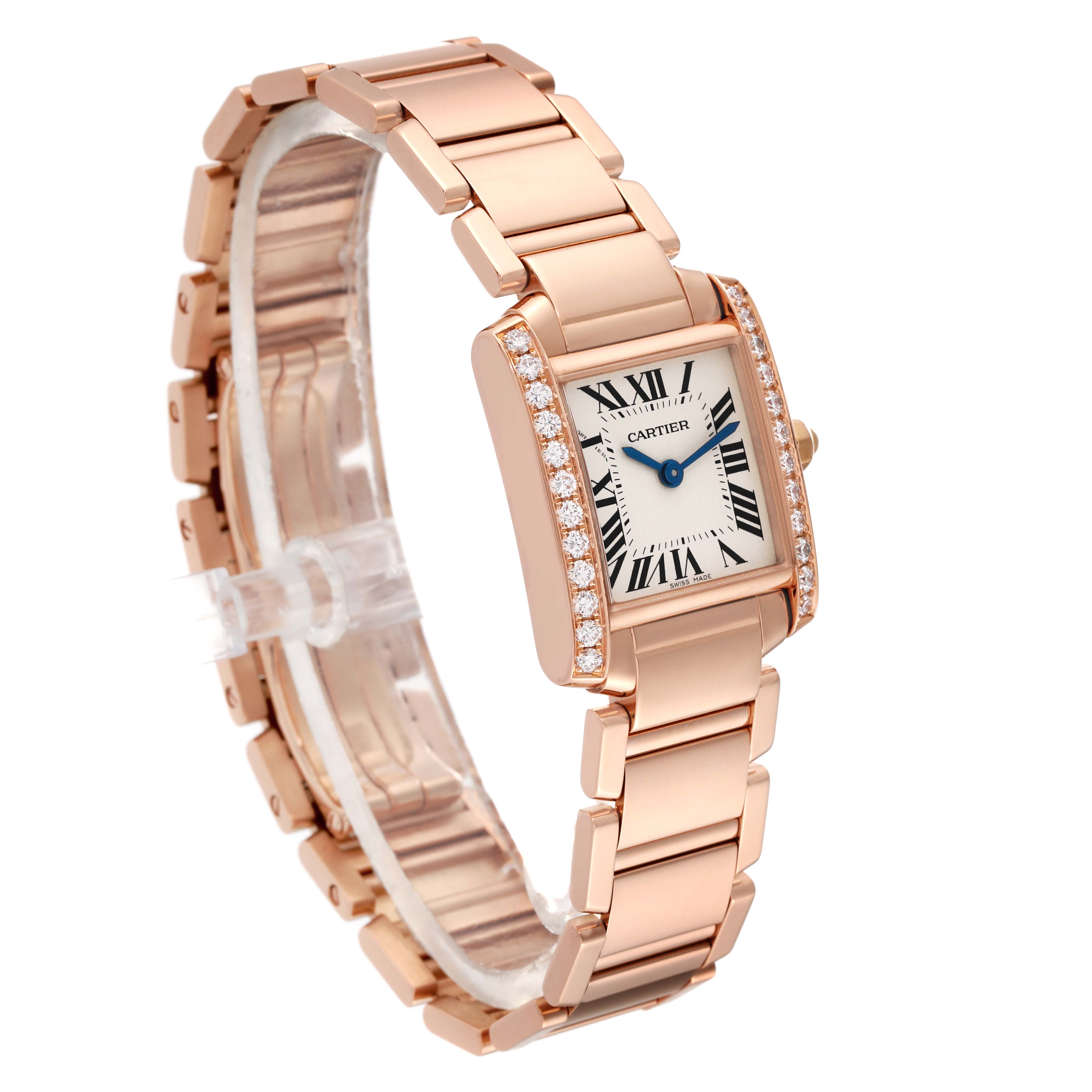 This image shows a Cartier Tank Francaise WJTA0022 Women
s Rose Gold Silver Dial WJTA0022 Women
s Rose Gold Silver Dial watch from a three-quarter angle featuring the face, bezel, and bracelet.