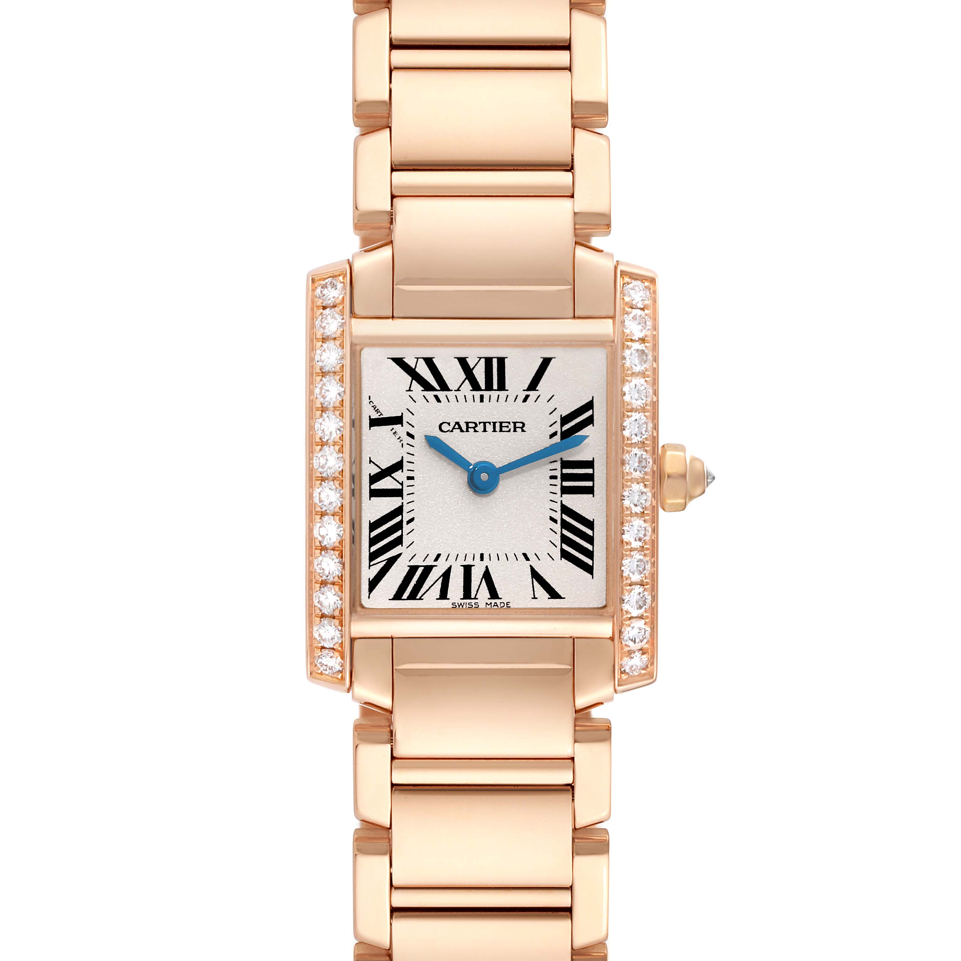 This image shows a front view of the Cartier Tank Francaise WJTA0022 Women
s Rose Gold Silver Dial WJTA0022 Women
s Rose Gold Silver Dial watch, highlighting its gold bracelet, case, and diamond accents.