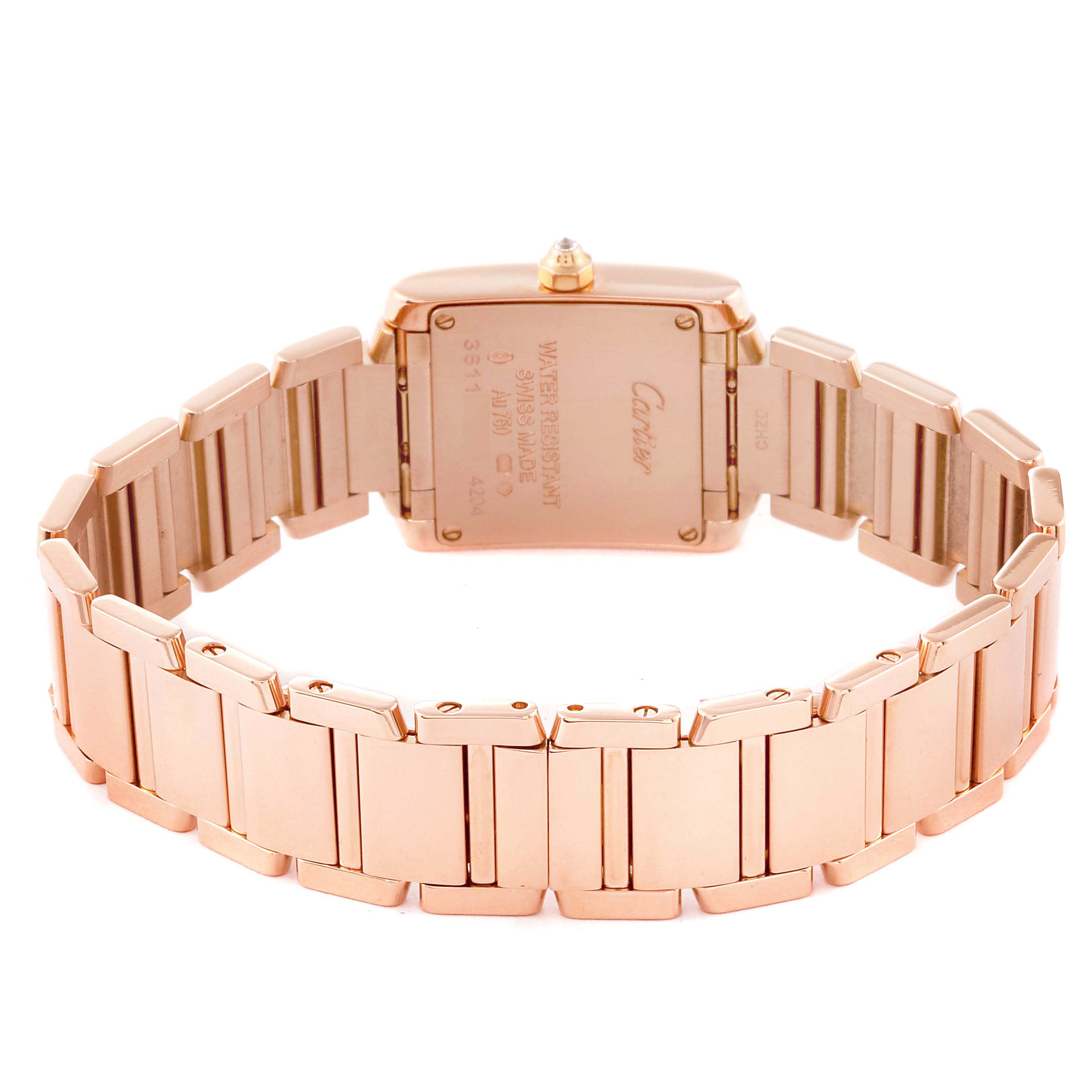 The image shows the back and bracelet of a Cartier Tank Francaise WJTA0022 Women
s Rose Gold Silver Dial WJTA0022 Women
s Rose Gold Silver Dial watch, highlighting the case back and gold links.