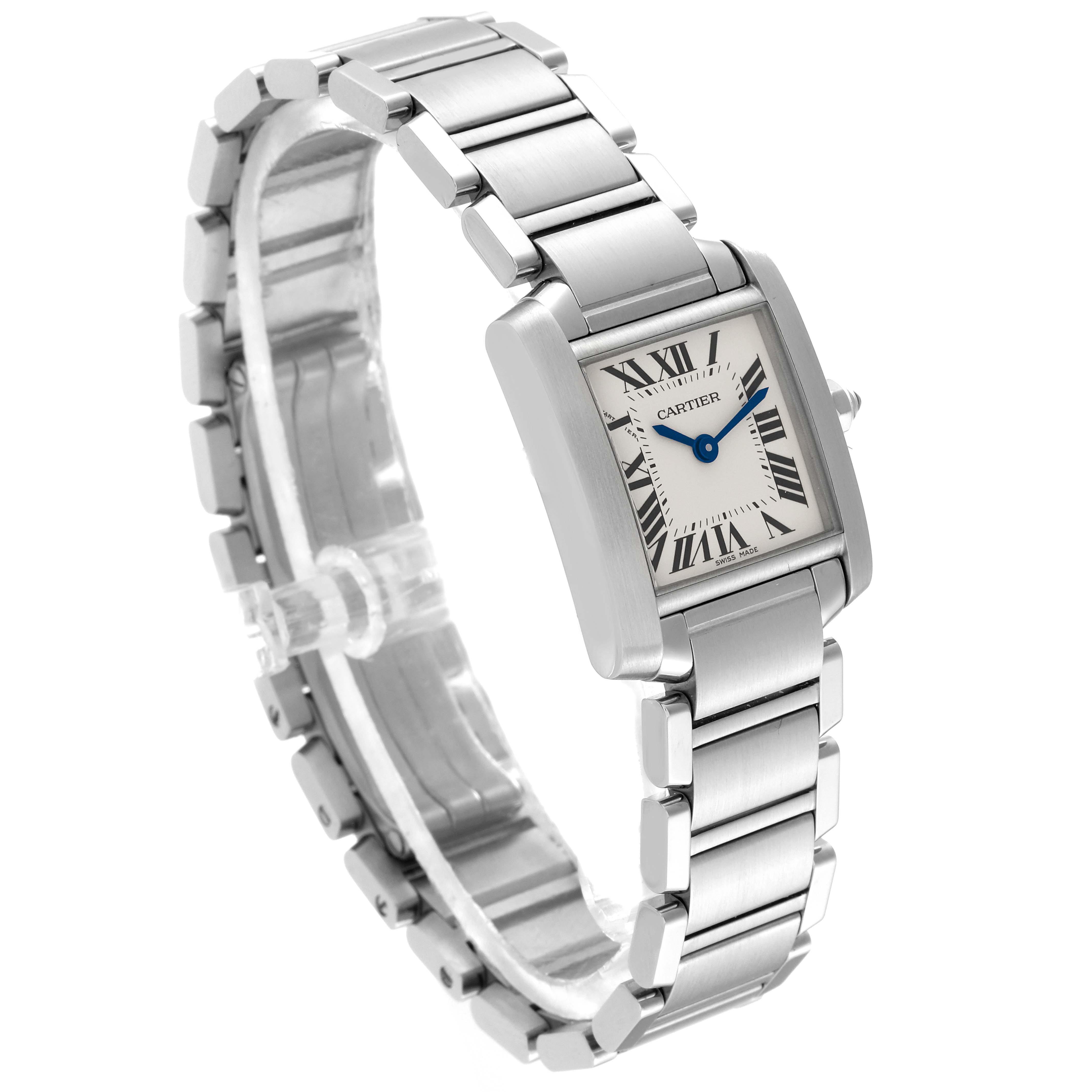The image shows a side-angle view of a Cartier Tank Francaise W51008Q3 Women
s Stainless Steel Silver Dial W51008Q3 Women
s Stainless Steel Silver Dial watch, featuring its rectangular face and silver metal bracelet.