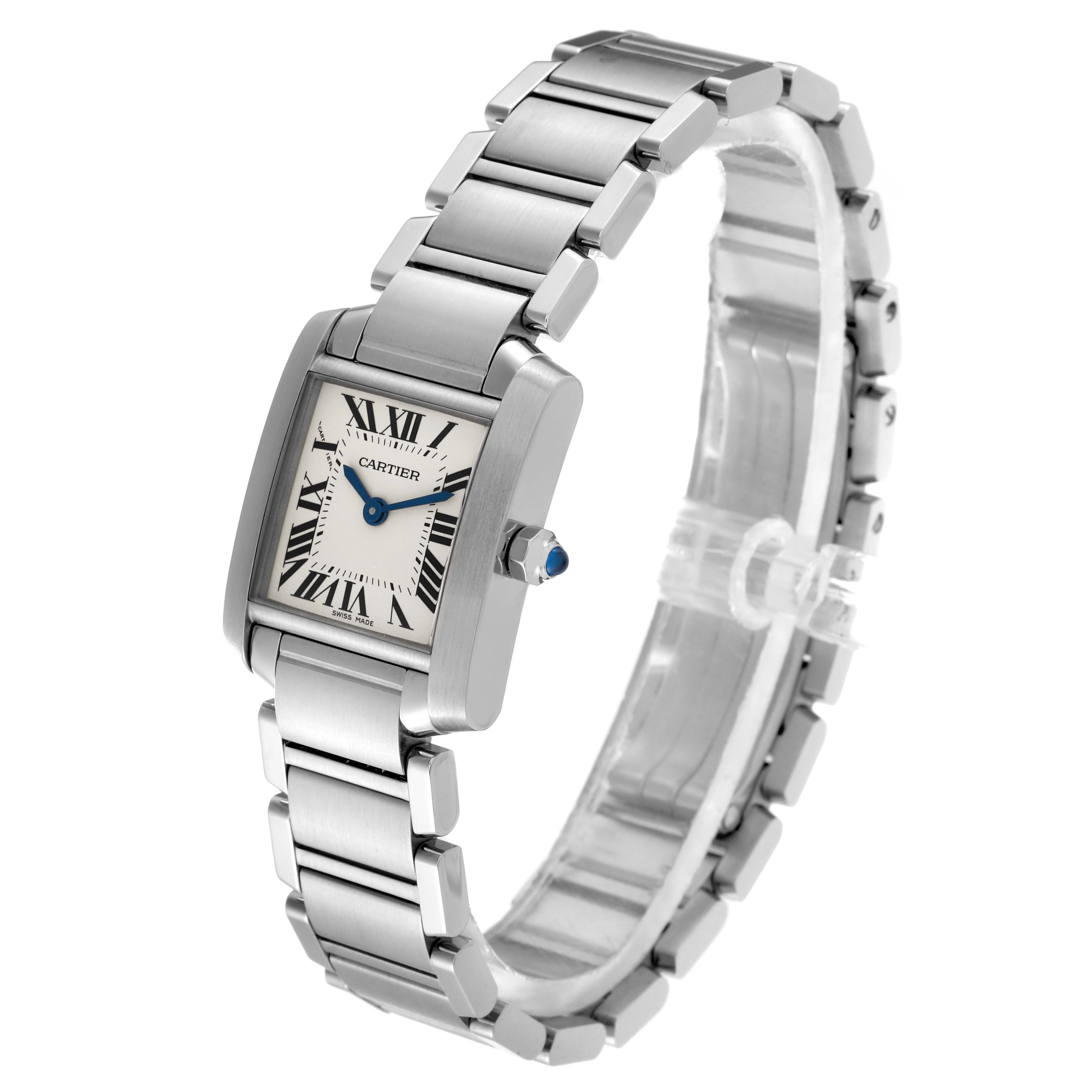 The Cartier Tank Française watch is shown at a slight angle, highlighting its rectangular face, bracelet, and blue sapphire crown.