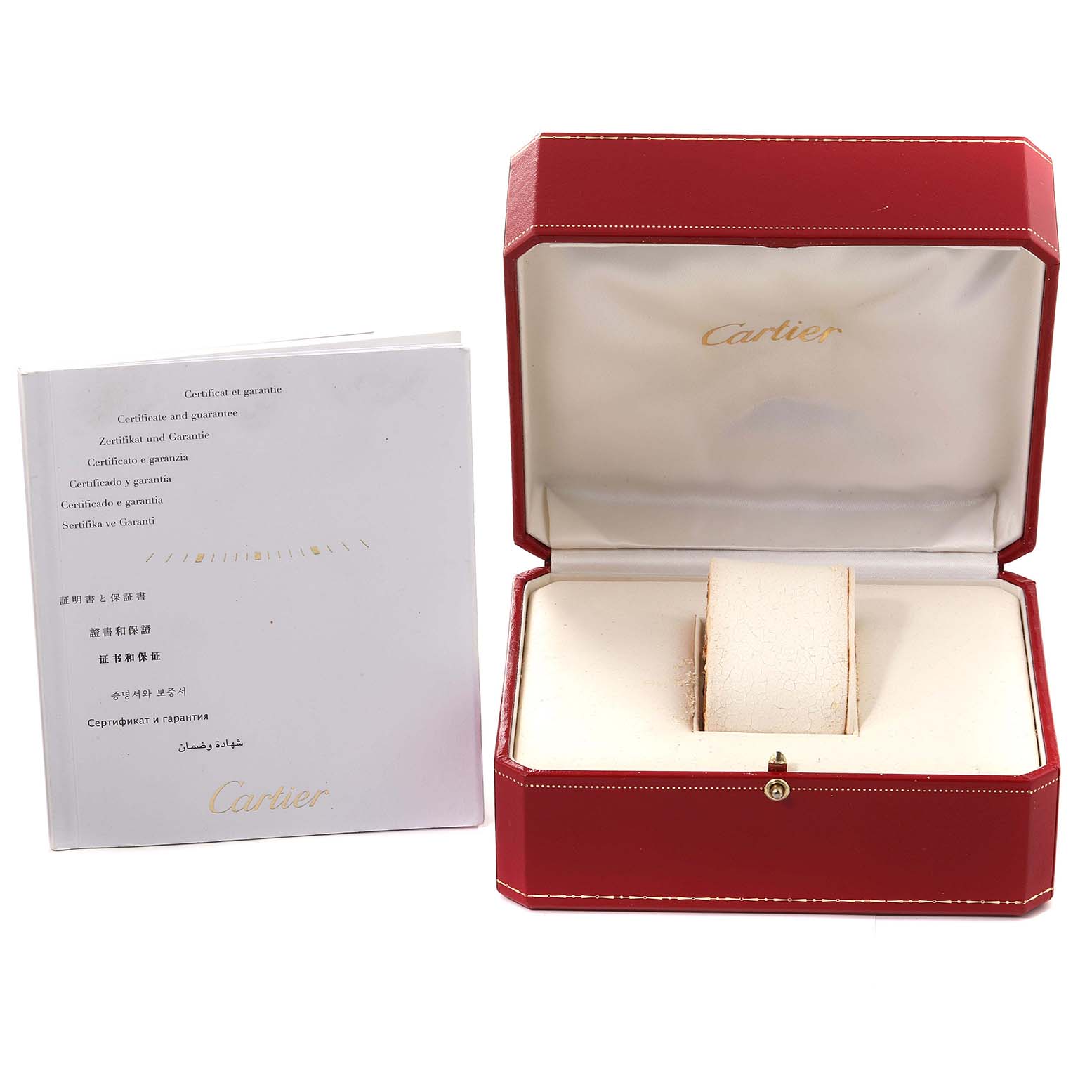 This image shows the Cartier Tank Francaise W51008Q3 Women
s Stainless Steel Silver Dial W51008Q3 Women
s Stainless Steel Silver Dial watch box and its certificate and guarantee booklet.