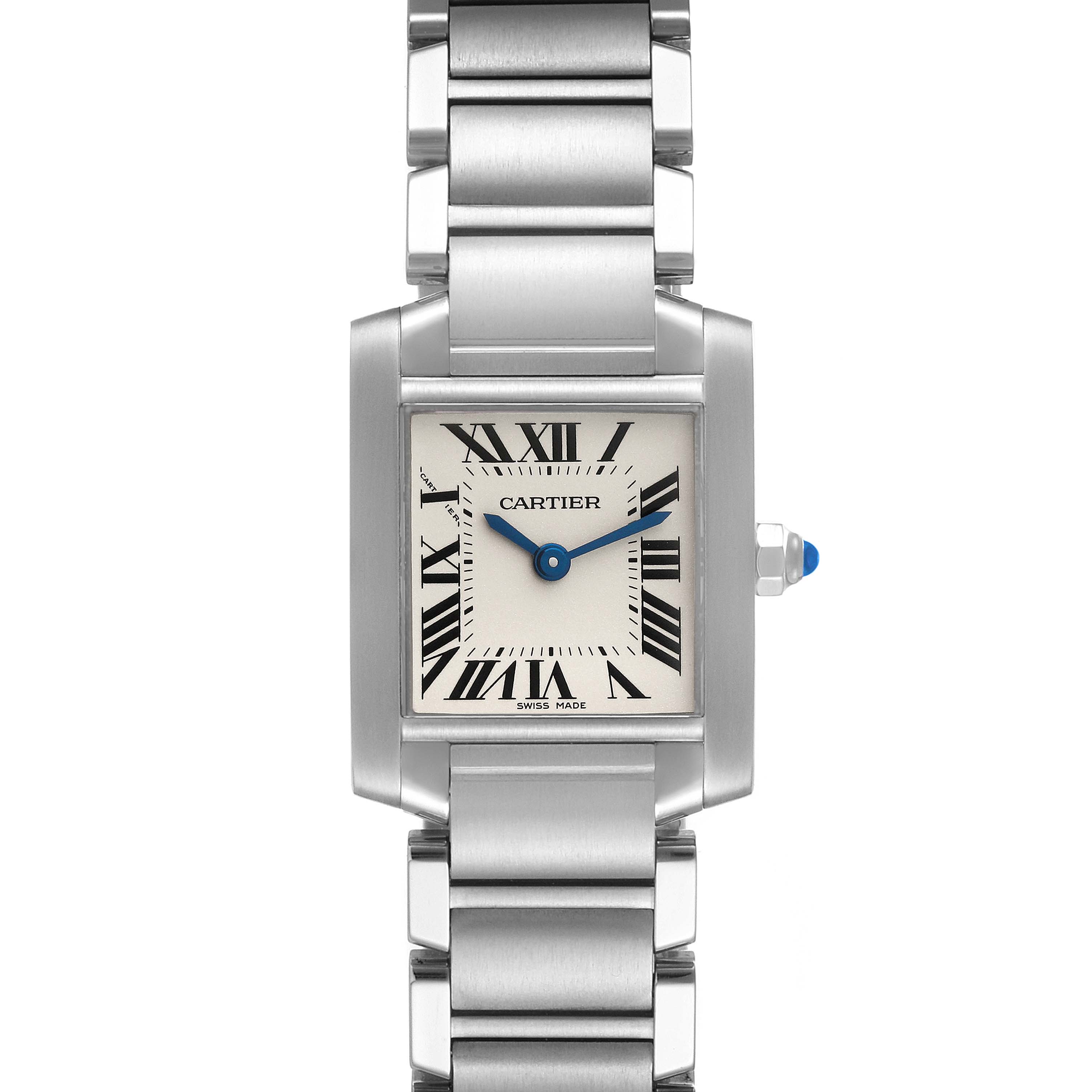 This image shows a front view of the Cartier Tank Française watch, highlighting its rectangular dial, roman numerals, and metal bracelet.