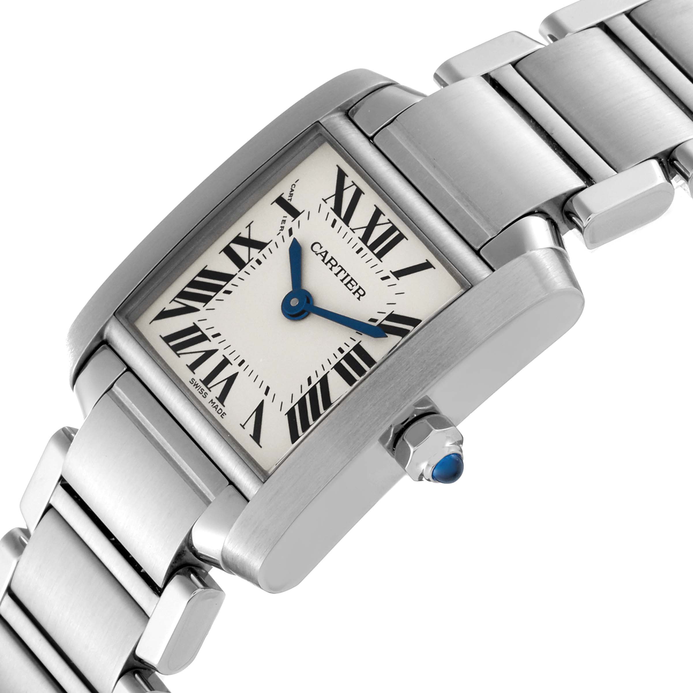 The image shows the face and part of the band of a Cartier Tank Française watch at an angled view.