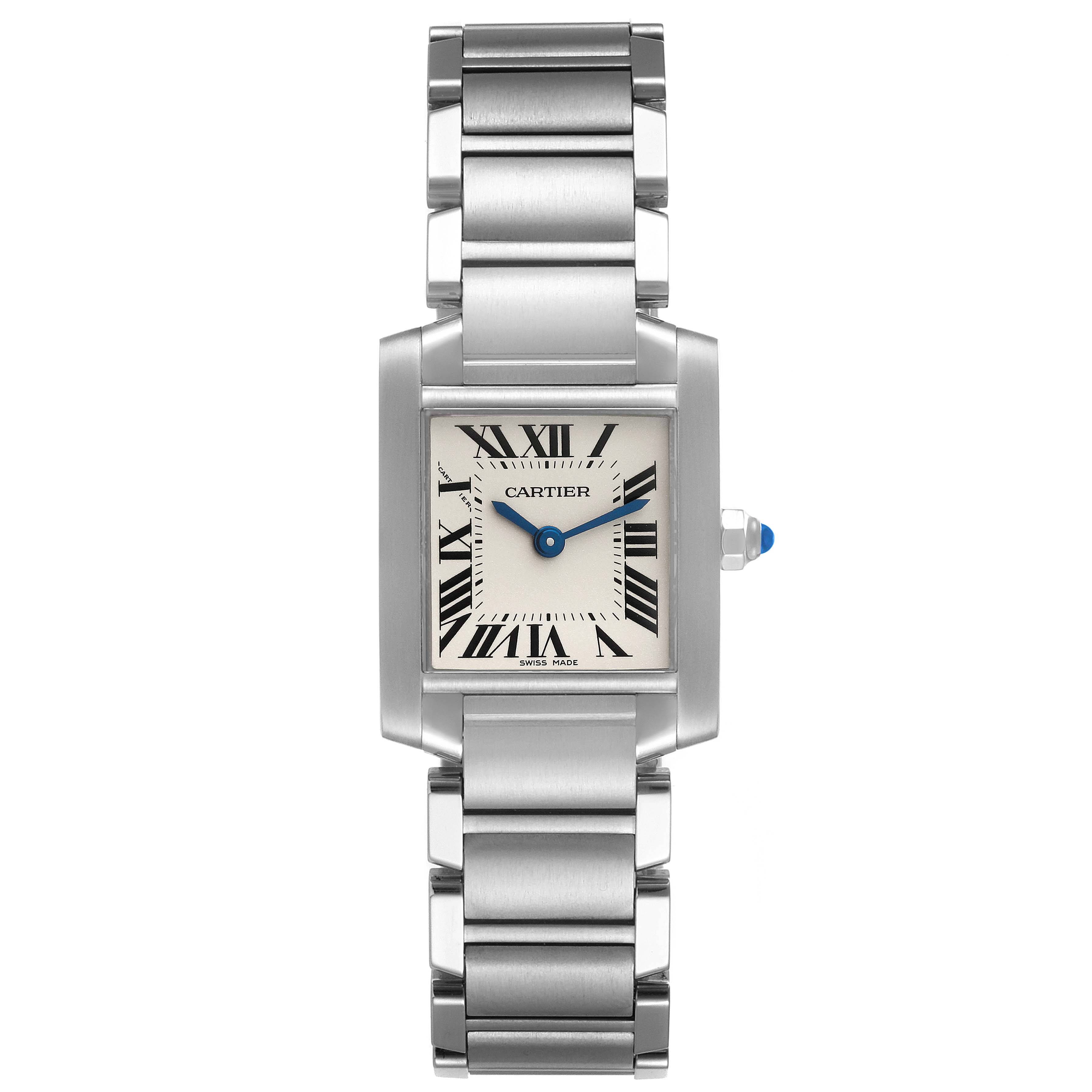 The Tank Francaise by Cartier is shown from a top view with a rectangular face, Roman numerals, and a stainless steel bracelet.