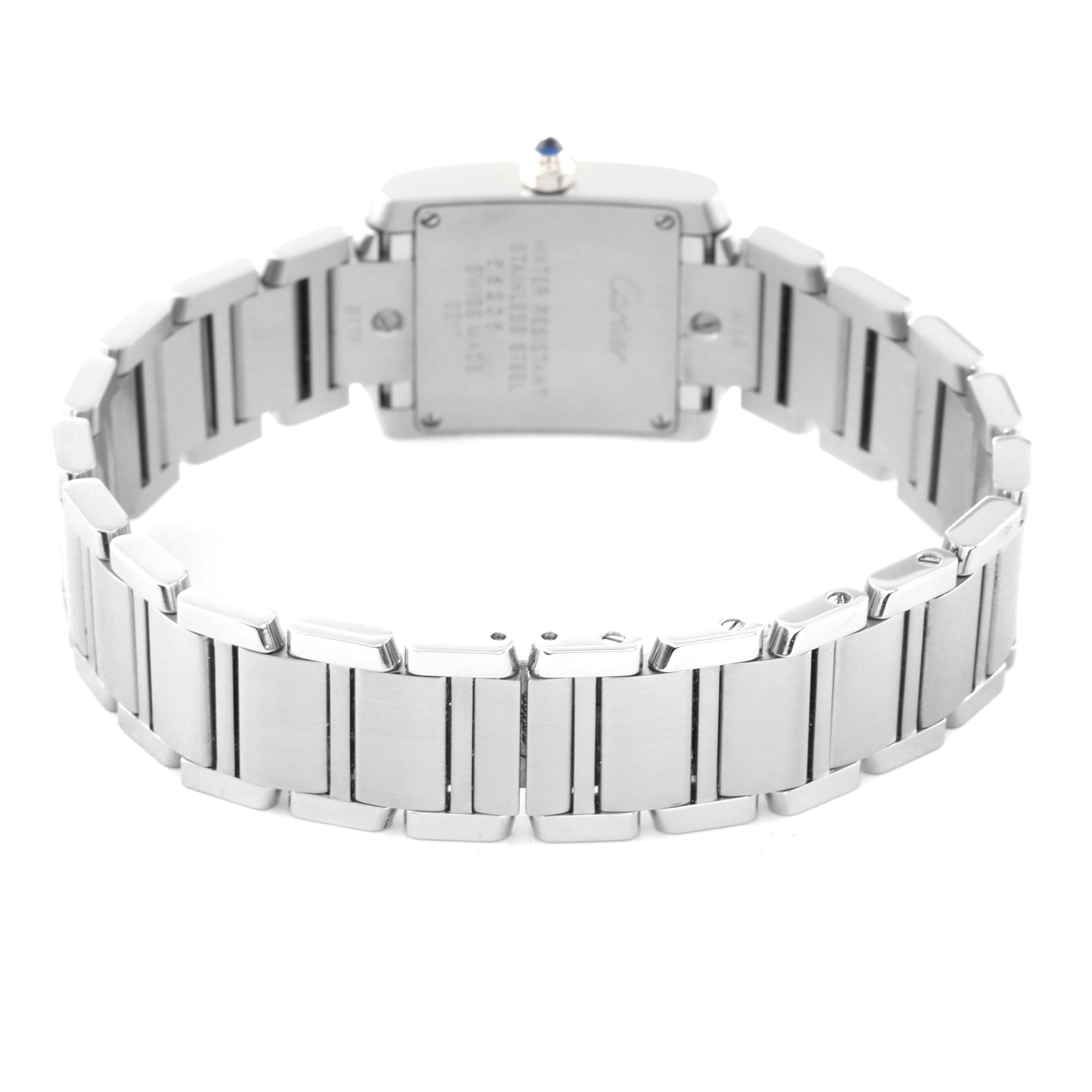 The image shows the backside and bracelet of a Cartier Tank Francaise W51008Q3 Women
s Stainless Steel Silver Dial W51008Q3 Women
s Stainless Steel Silver Dial watch at a rear angle.