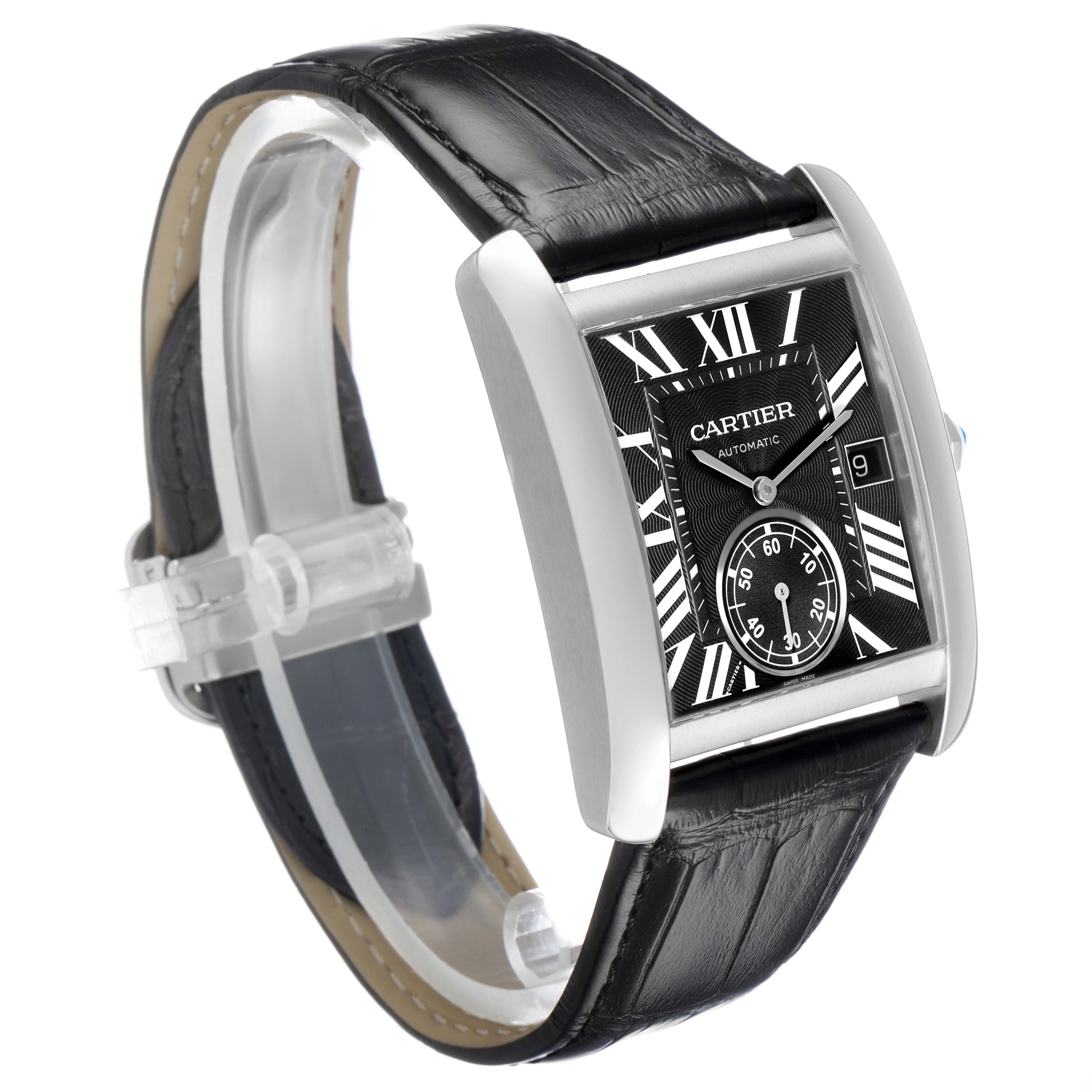 The Cartier Tank MC W5330004 Men's Stainless Steel Black Dial watch is shown at an angled view, highlighting the dial, case, and leather strap.