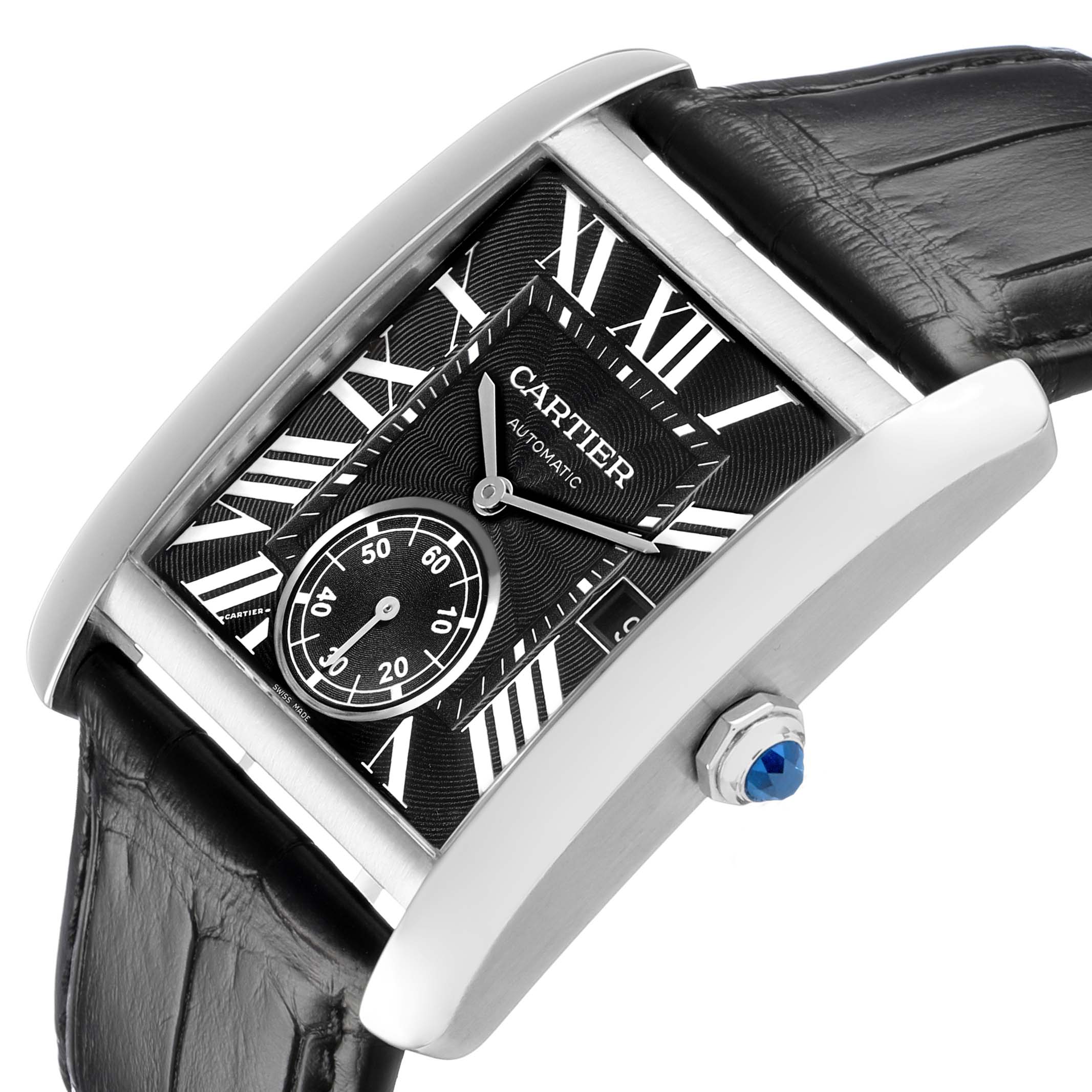 The Cartier Tank MC W5330004 Men's Stainless Steel Black Dial watch is shown at an angled view, highlighting its black dial, Roman numerals, leather strap, and blue cabochon crown.