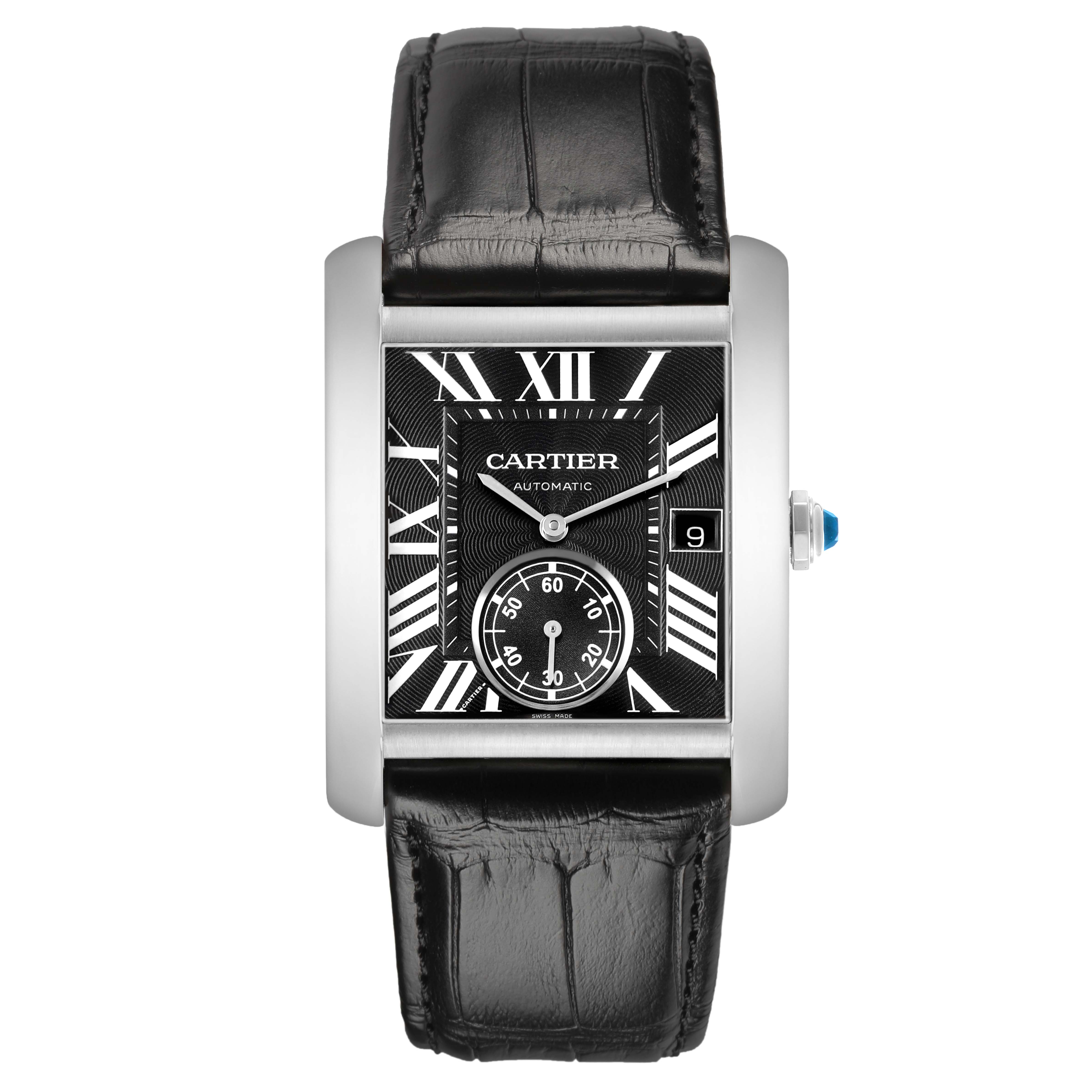 The Cartier Tank MC W5330004 Men's Stainless Steel Black Dial watch is shown from a front-facing angle, highlighting the dial, strap, and crown with a blue cabochon.