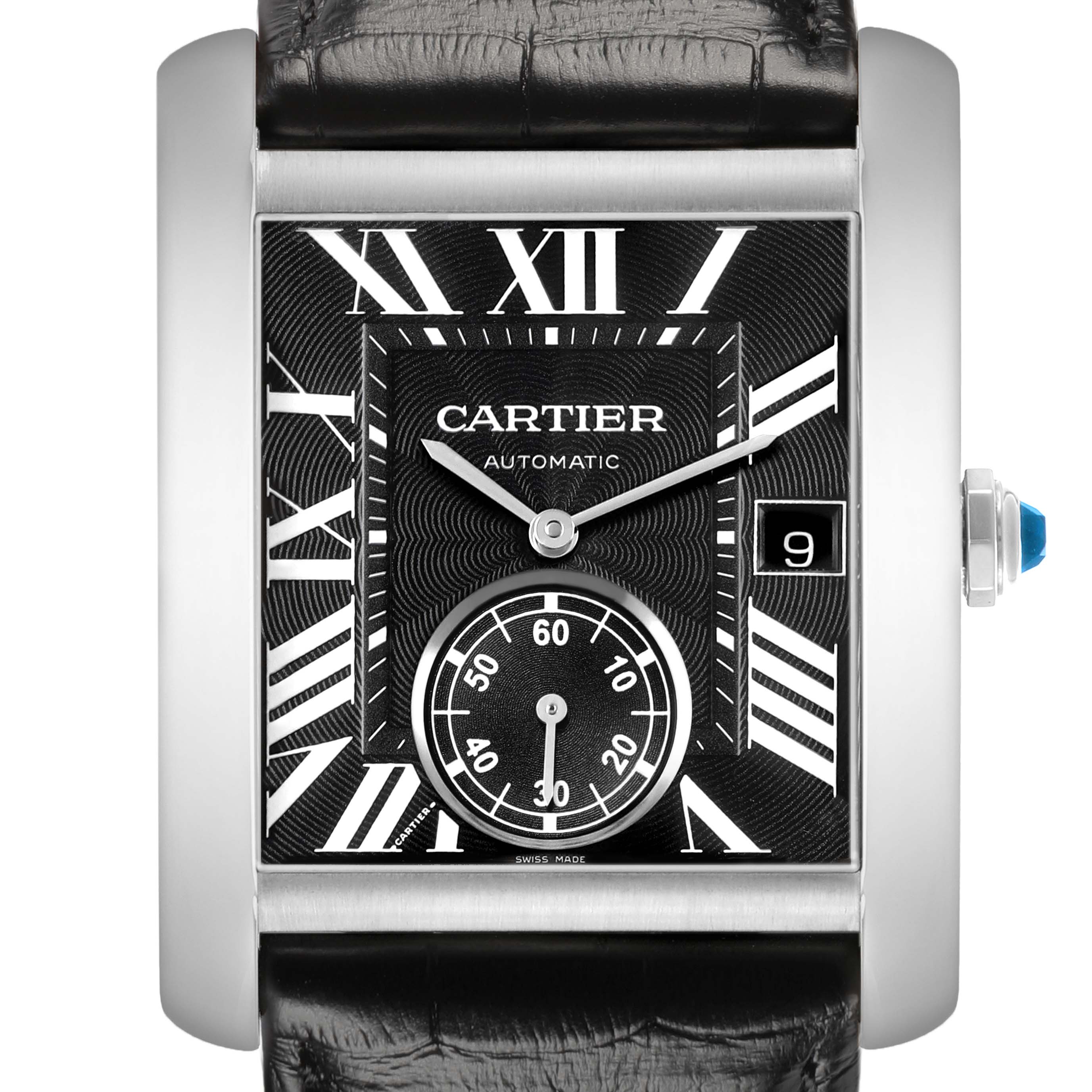 The Cartier Tank MC W5330004 Men's Stainless Steel Black Dial watch is shown from a front angle, highlighting its face, Roman numerals, sub-dial, and the crown with a blue cabochon.