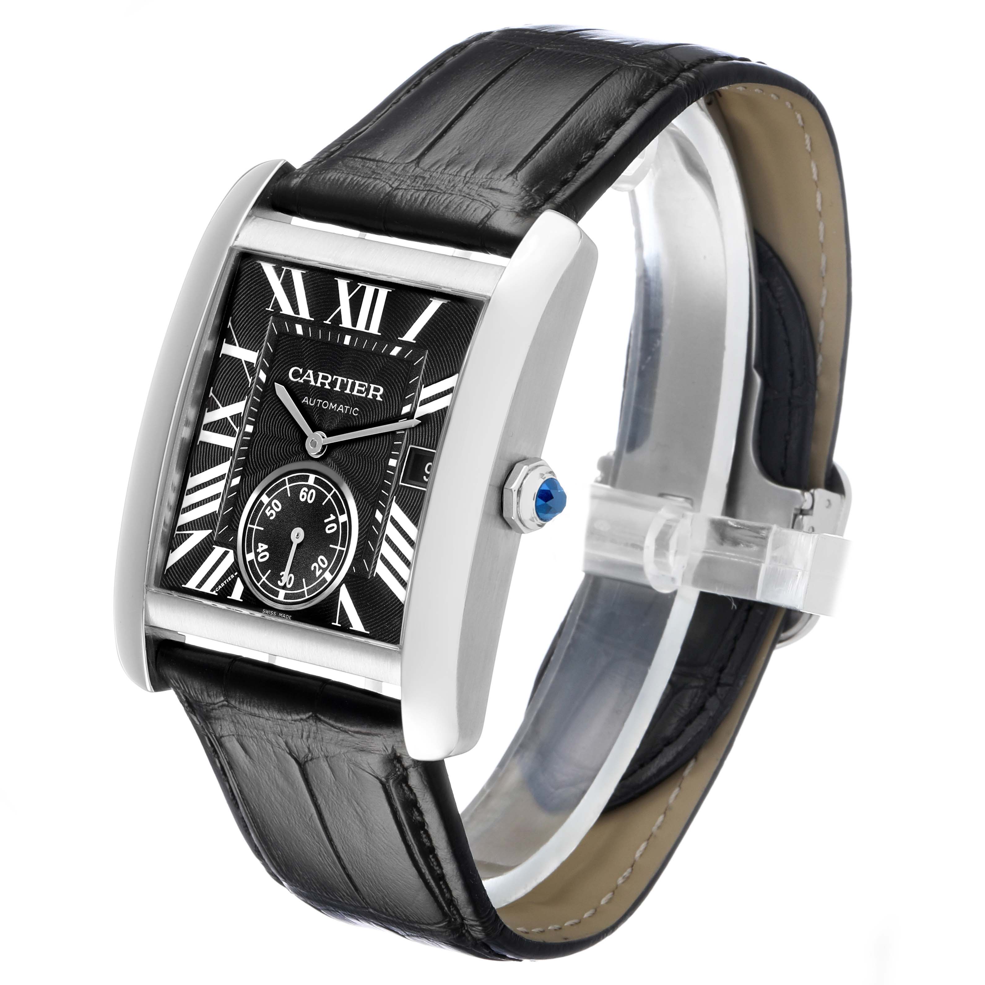 The Cartier Tank MC W5330004 Men's Stainless Steel Black Dial watch is shown at a three-quarter angle, highlighting the black leather strap, silver case, and black dial with Roman numerals.