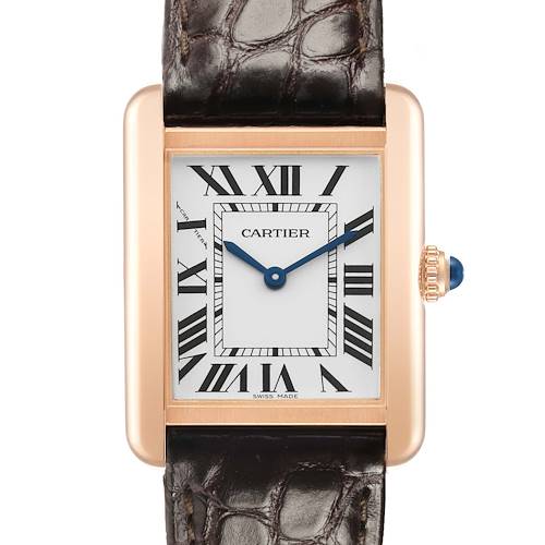 The Cartier Tank Solo W5200024 Women's Rose Gold Silver Dial watch is shown from the front, highlighting the face, Roman numerals, and blue hands.
