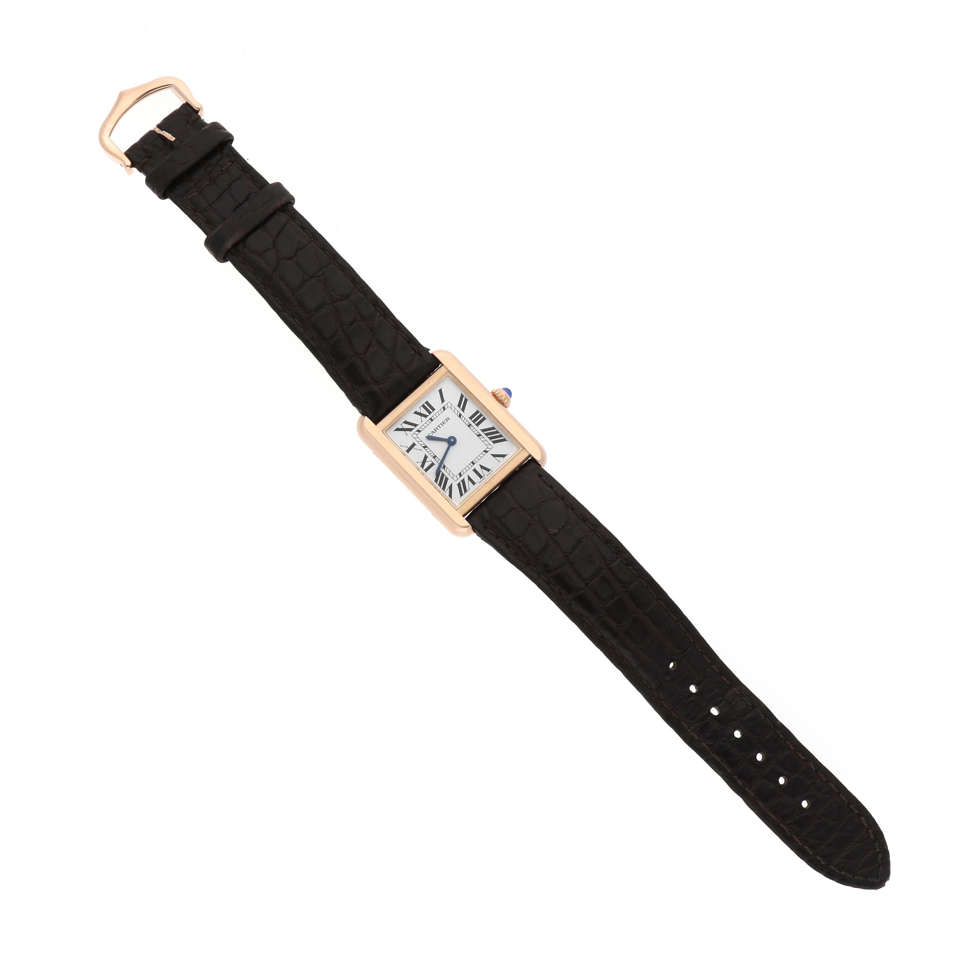 The Cartier Tank Solo W5200024 Women's Rose Gold Silver Dial watch is shown from a top-down angle, displaying the face, leather strap, and buckle.