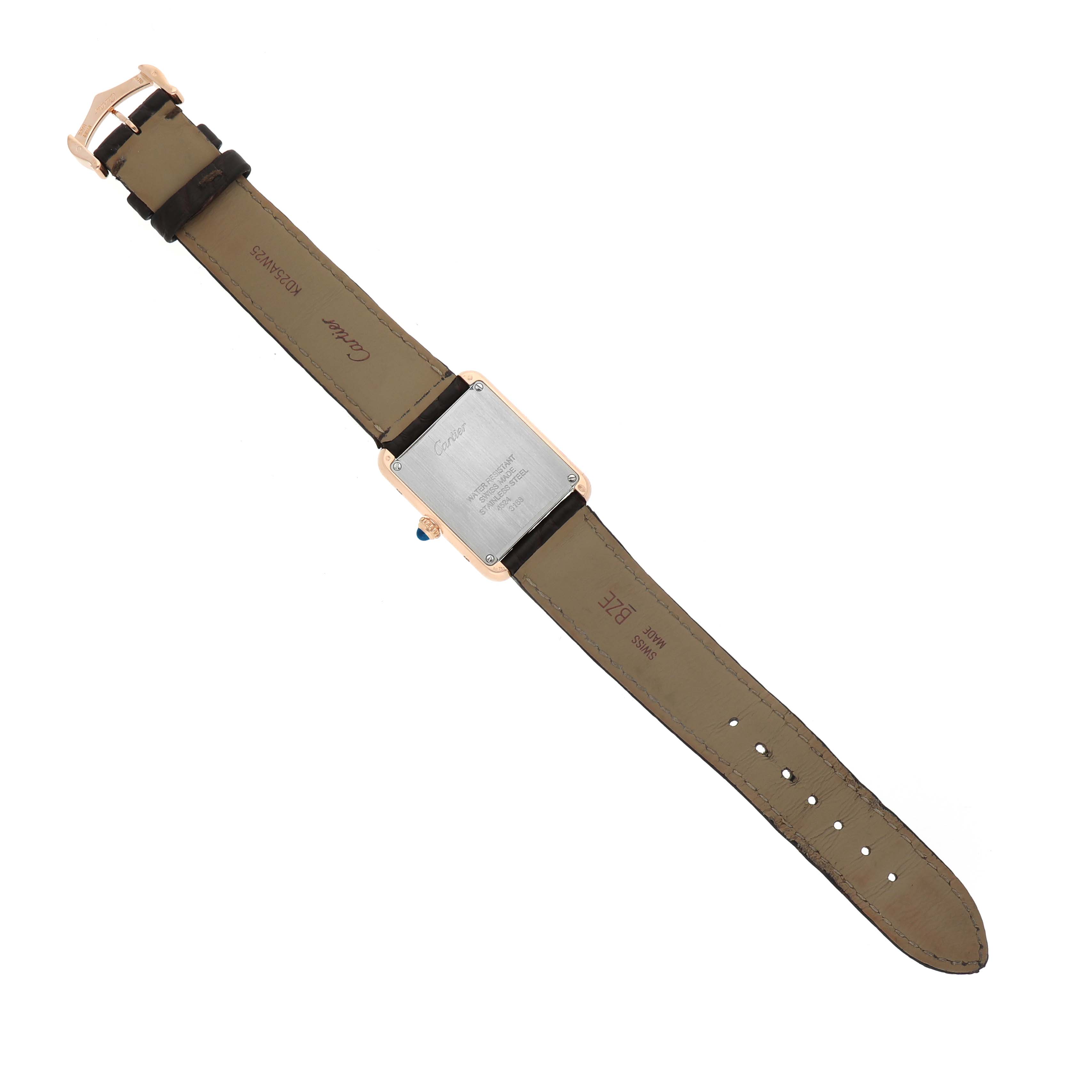 The image shows the back view of a Cartier Tank Solo W5200024 Women's Rose Gold Silver Dial watch, detailing its leather strap and case back.