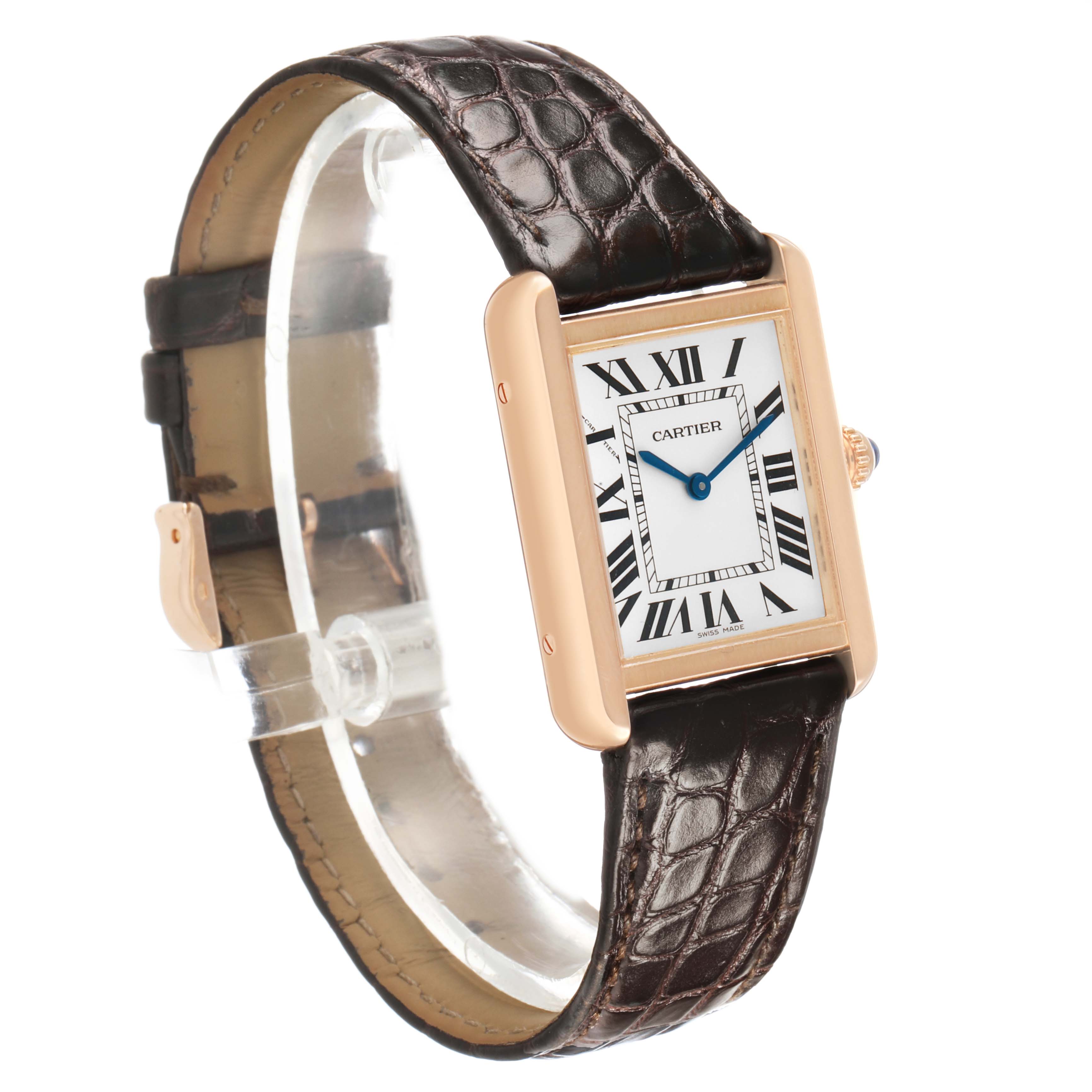 The Cartier Tank Solo W5200024 Women's Rose Gold Silver Dial watch is shown at a three-quarter angle, highlighting its rose gold case and brown leather strap.