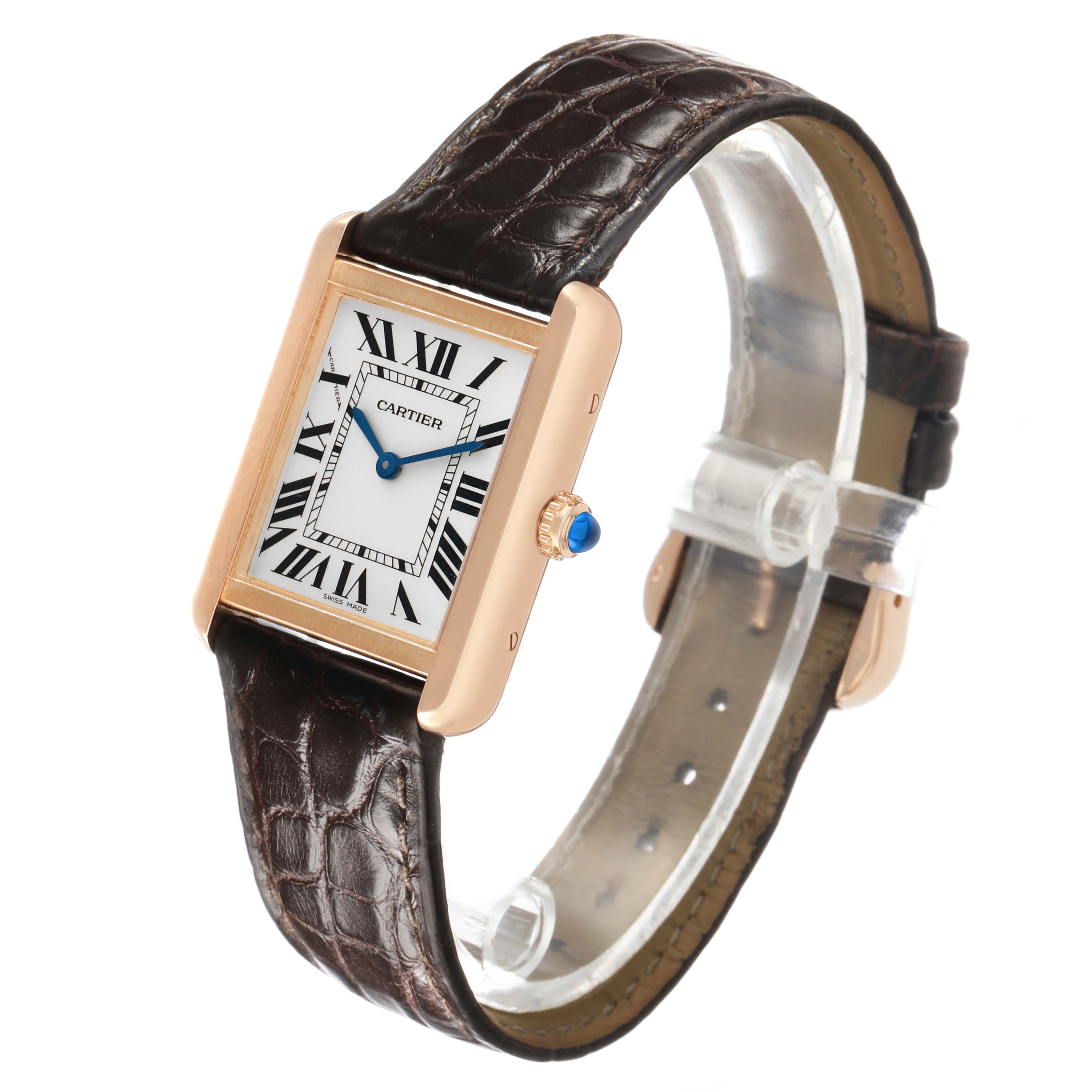 The Cartier Tank Solo W5200024 Women's Rose Gold Silver Dial watch is shown at an angled view, displaying the dial, roman numerals, leather strap, and crown with blue cabochon.