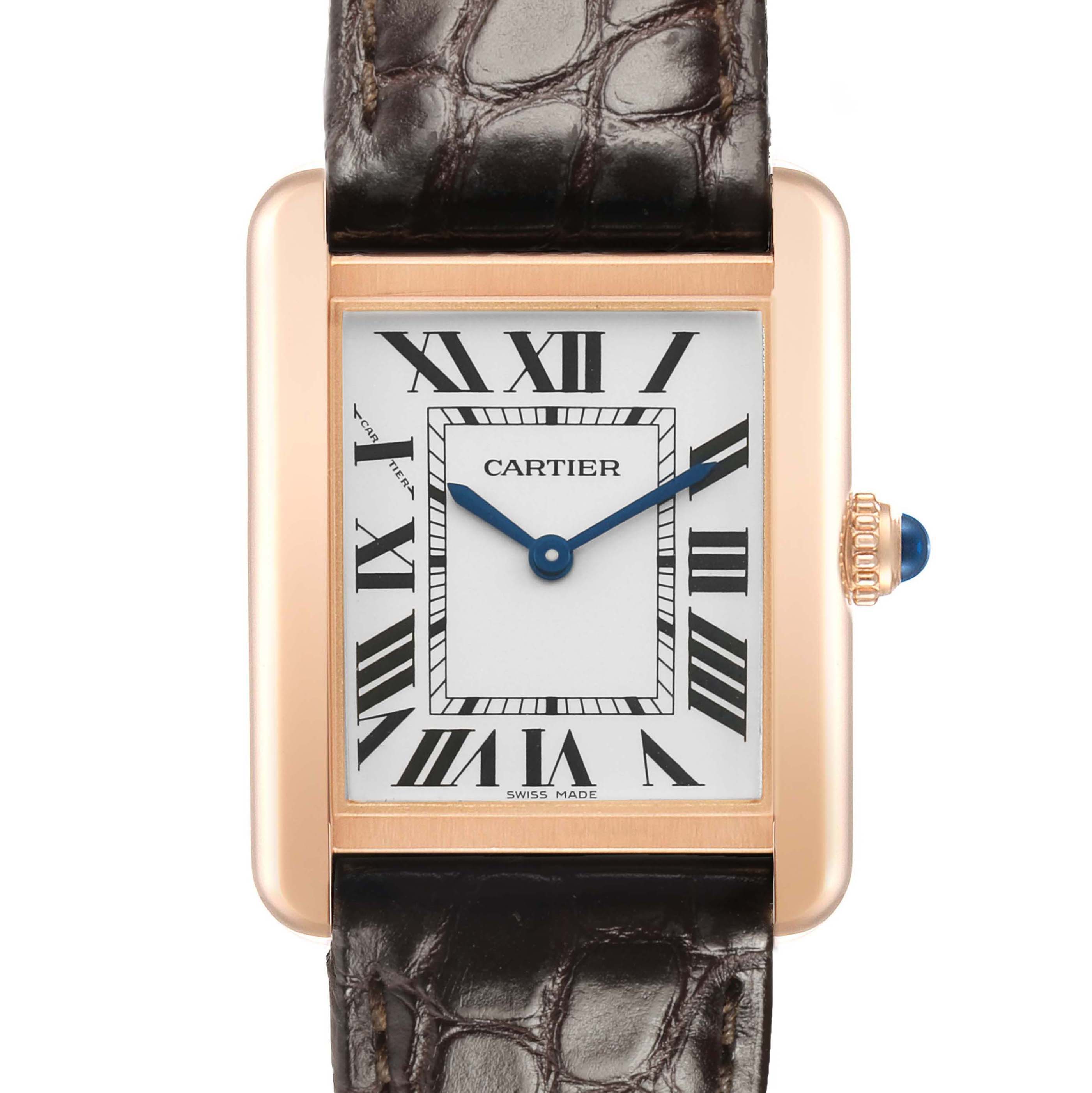 The Cartier Tank Solo W5200024 Women's Rose Gold Silver Dial watch is shown from the front, displaying its rectangular face, Roman numerals, and a leather strap.