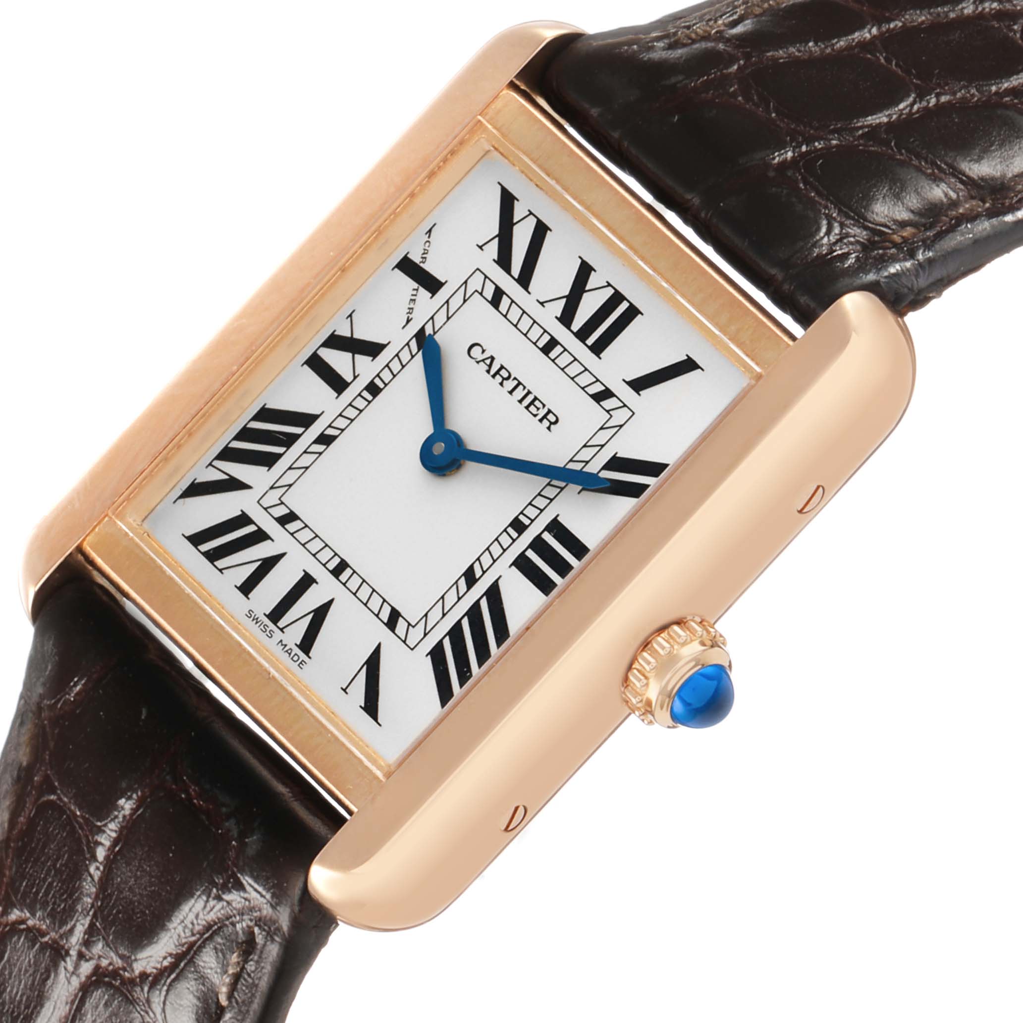The Cartier Tank Solo W5200024 Women's Rose Gold Silver Dial watch is shown at a slight angle, displaying its face, strap, and crown with a sapphire cabochon.