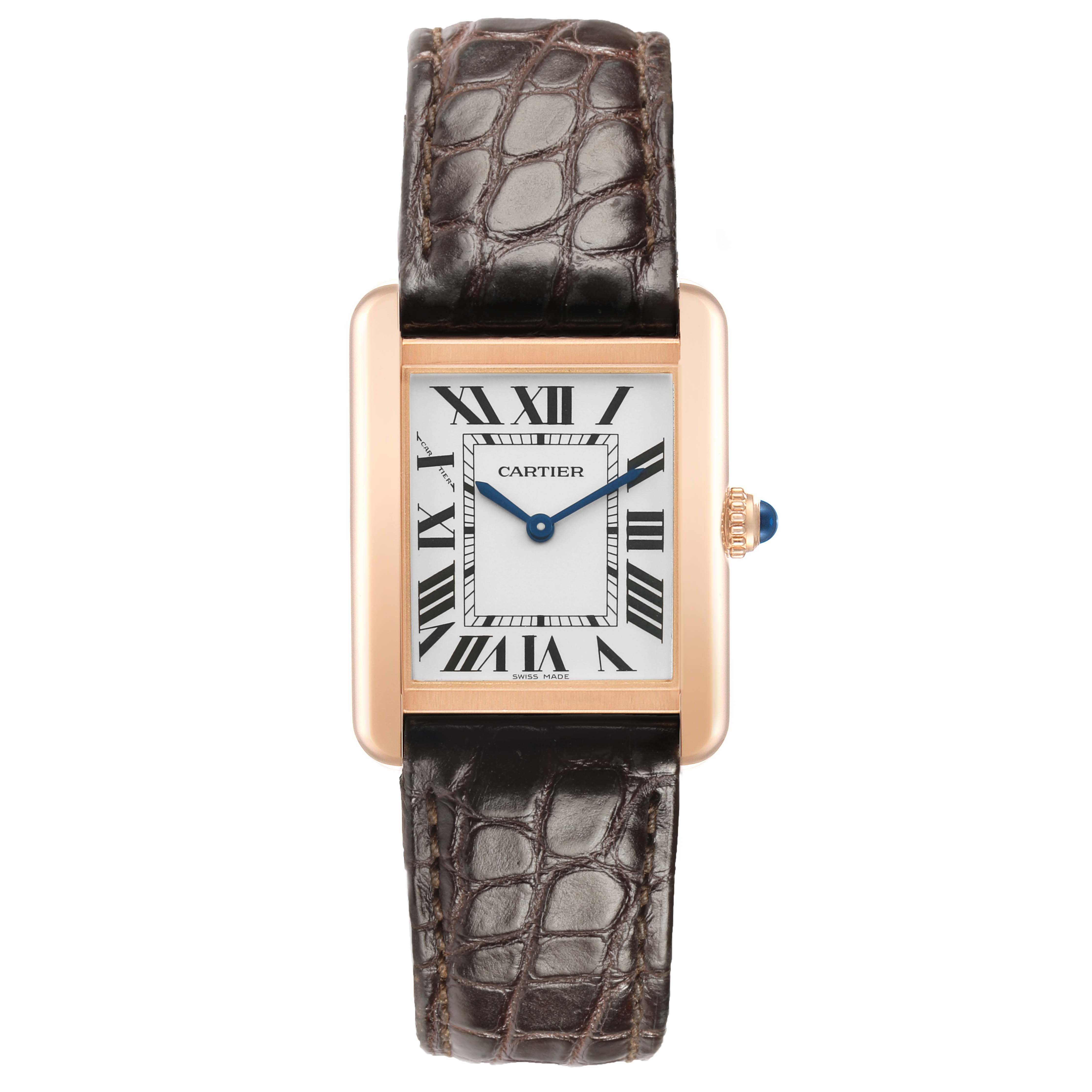 The Cartier Tank Solo W5200024 Women's Rose Gold Silver Dial watch is shown from the front, displaying its face, strap, and crown.