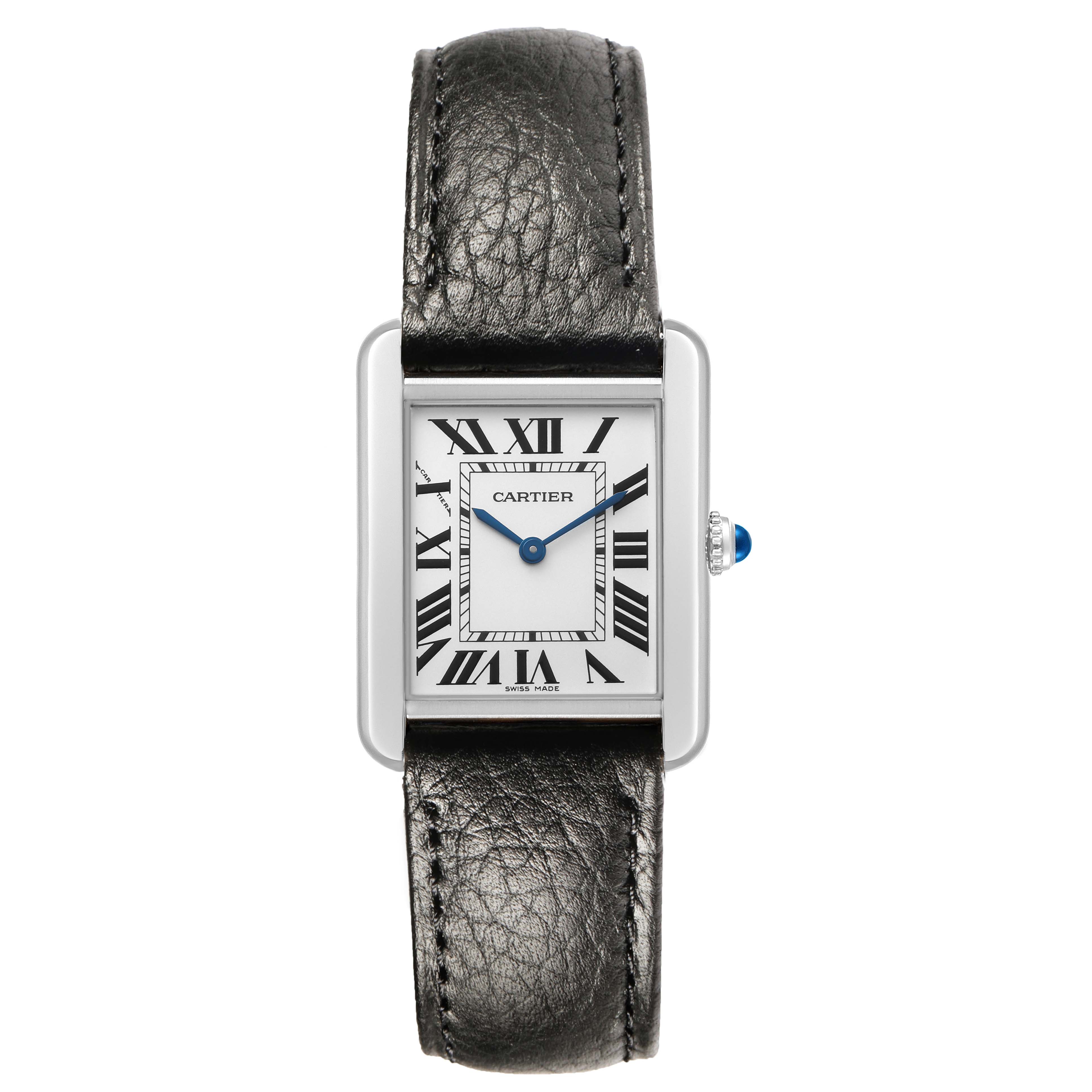 The Cartier Tank Solo WSTA0030 Women's Stainless Steel Silver Dial watch is shown from a front view, highlighting the rectangle dial, Roman numerals, and blue hands.