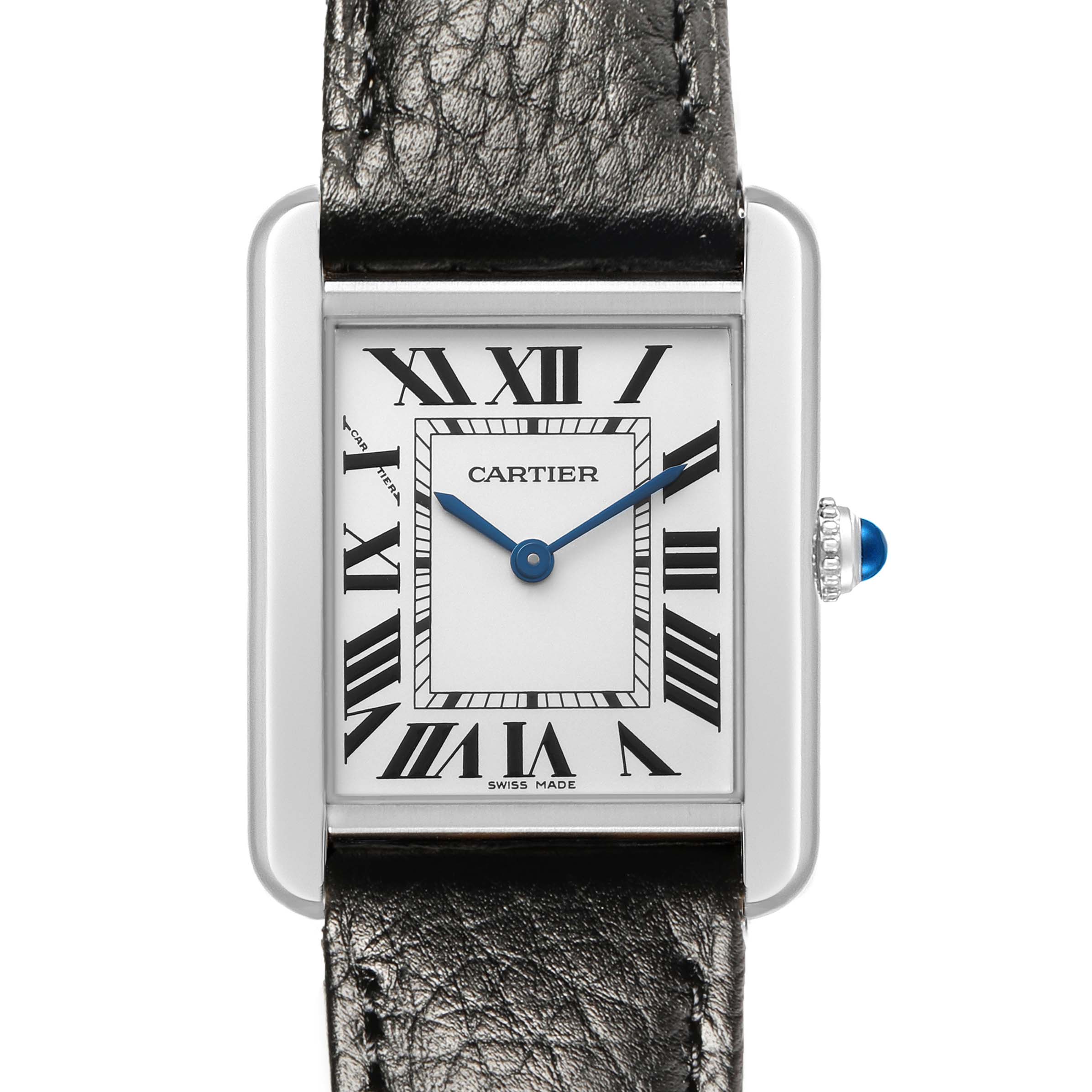 The Cartier Tank Solo WSTA0030 Women's Stainless Steel Silver Dial watch is shown from the front, highlighting the face, Roman numerals, and leather strap.