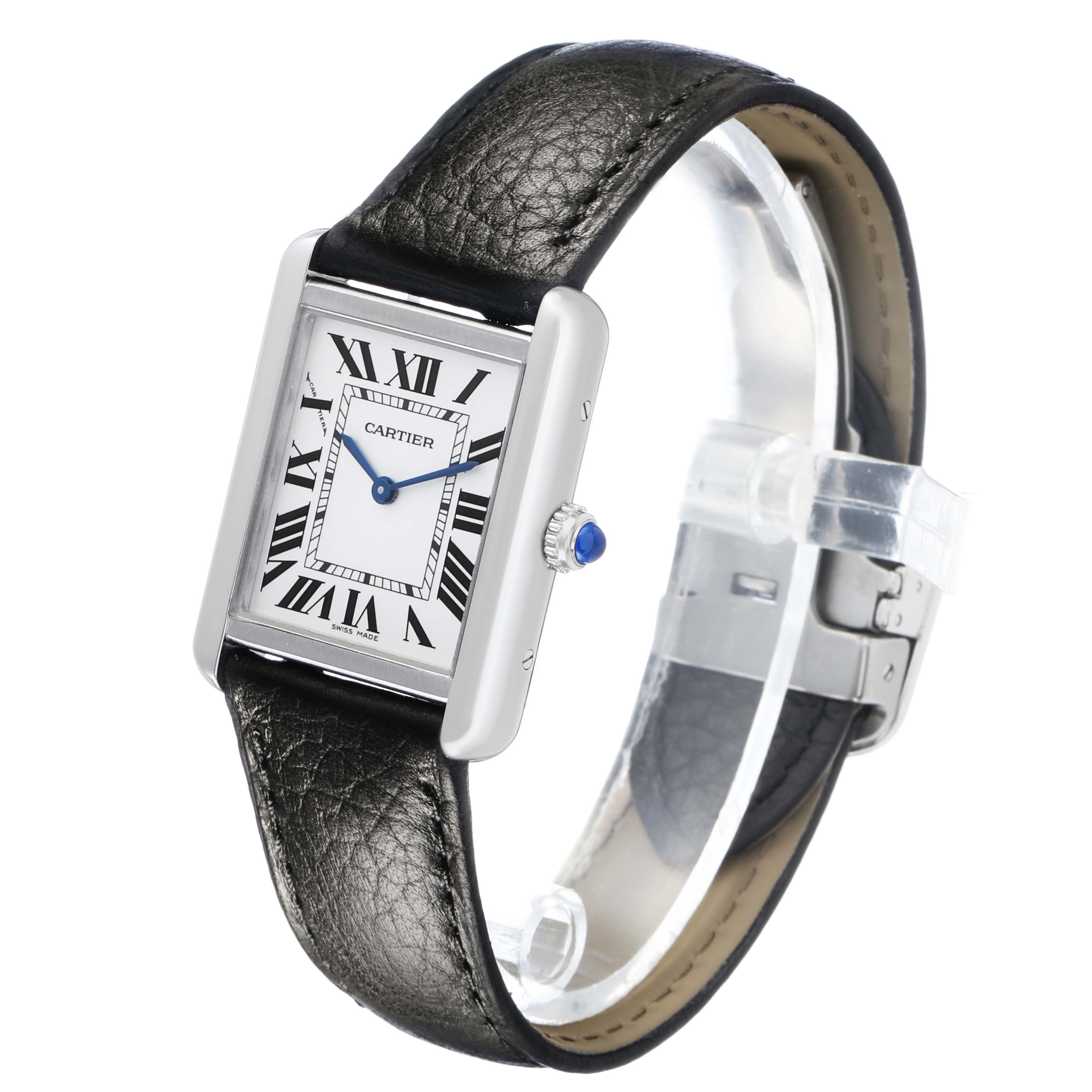 The Cartier Tank Solo WSTA0030 Women's Stainless Steel Silver Dial watch is shown at an angle highlighting the case, dial, crown, and leather strap.