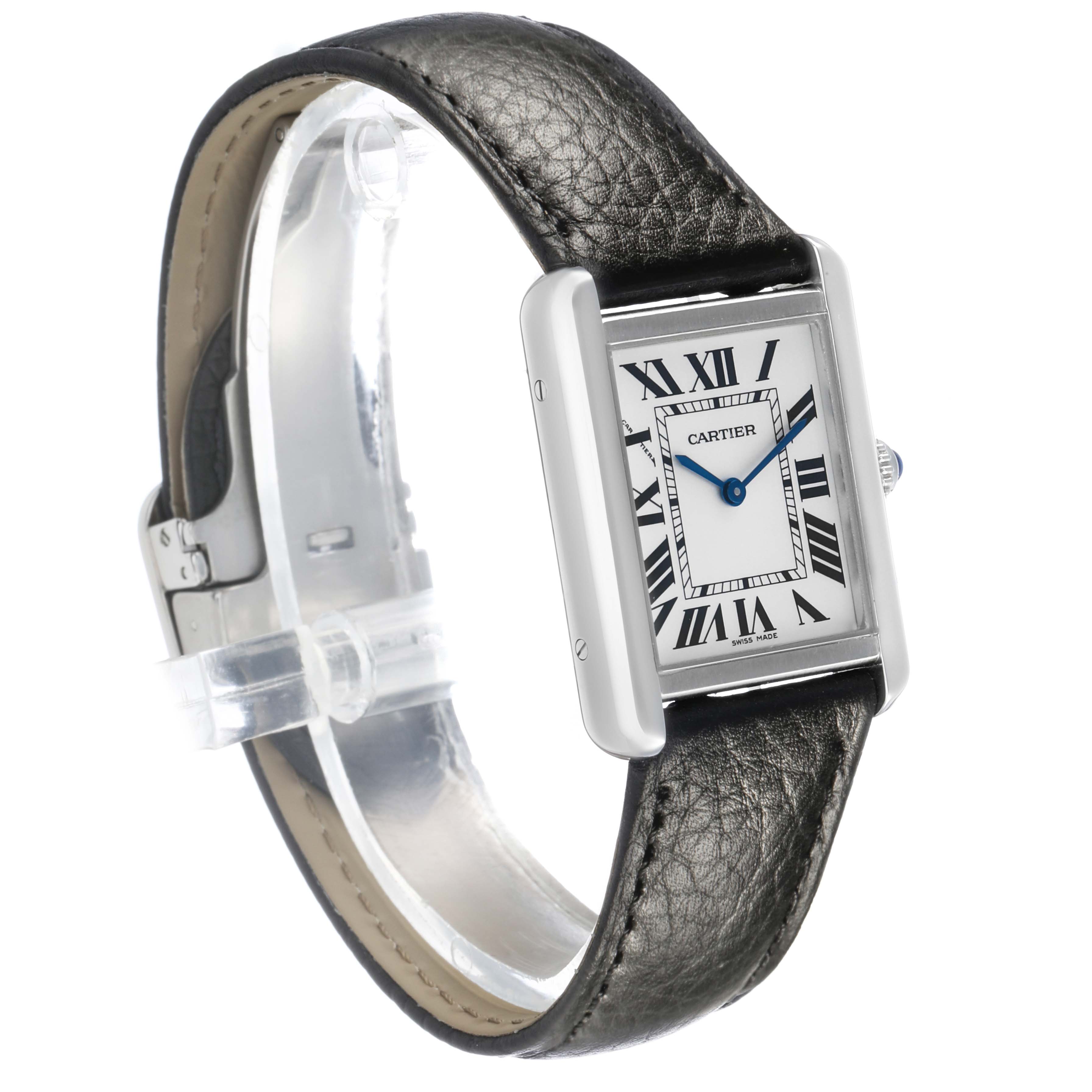 The image shows a Cartier Tank Solo WSTA0030 Women's Stainless Steel Silver Dial watch at a three-quarter angle, highlighting the face and leather strap.