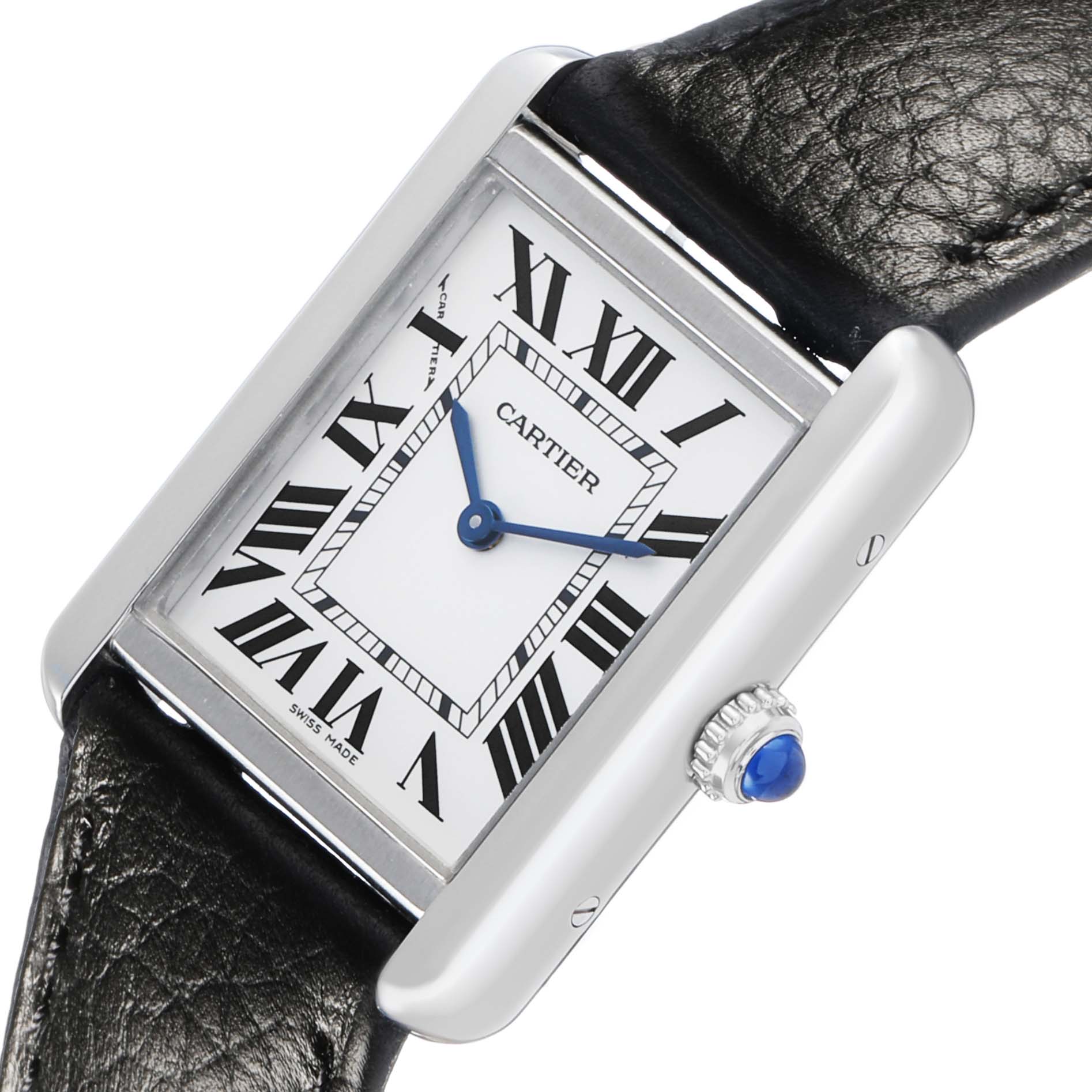 The Cartier Tank Solo WSTA0030 Women's Stainless Steel Silver Dial watch is shown at an angled close-up, highlighting the dial, crown, and leather strap.