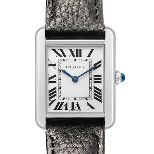 The Cartier Tank Solo WSTA0030 Women's Stainless Steel Silver Dial is shown from the front, highlighting the dial, Roman numerals, and leather strap.