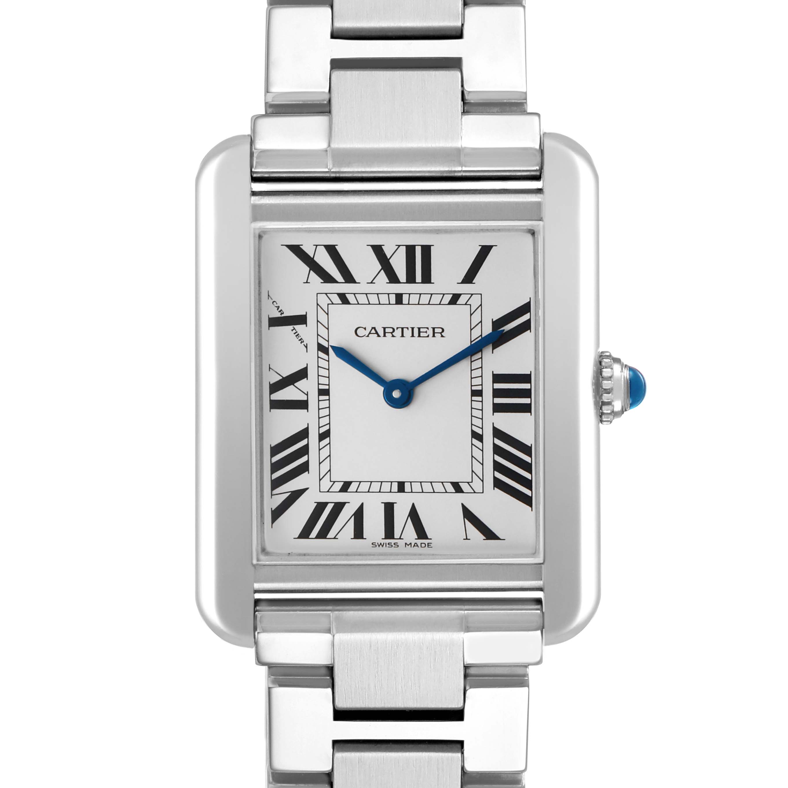 The Cartier Tank Solo W5200013 Women's Stainless Steel Silver Dial watch is shown from the front, highlighting its dial, Roman numerals, and part of the bracelet.